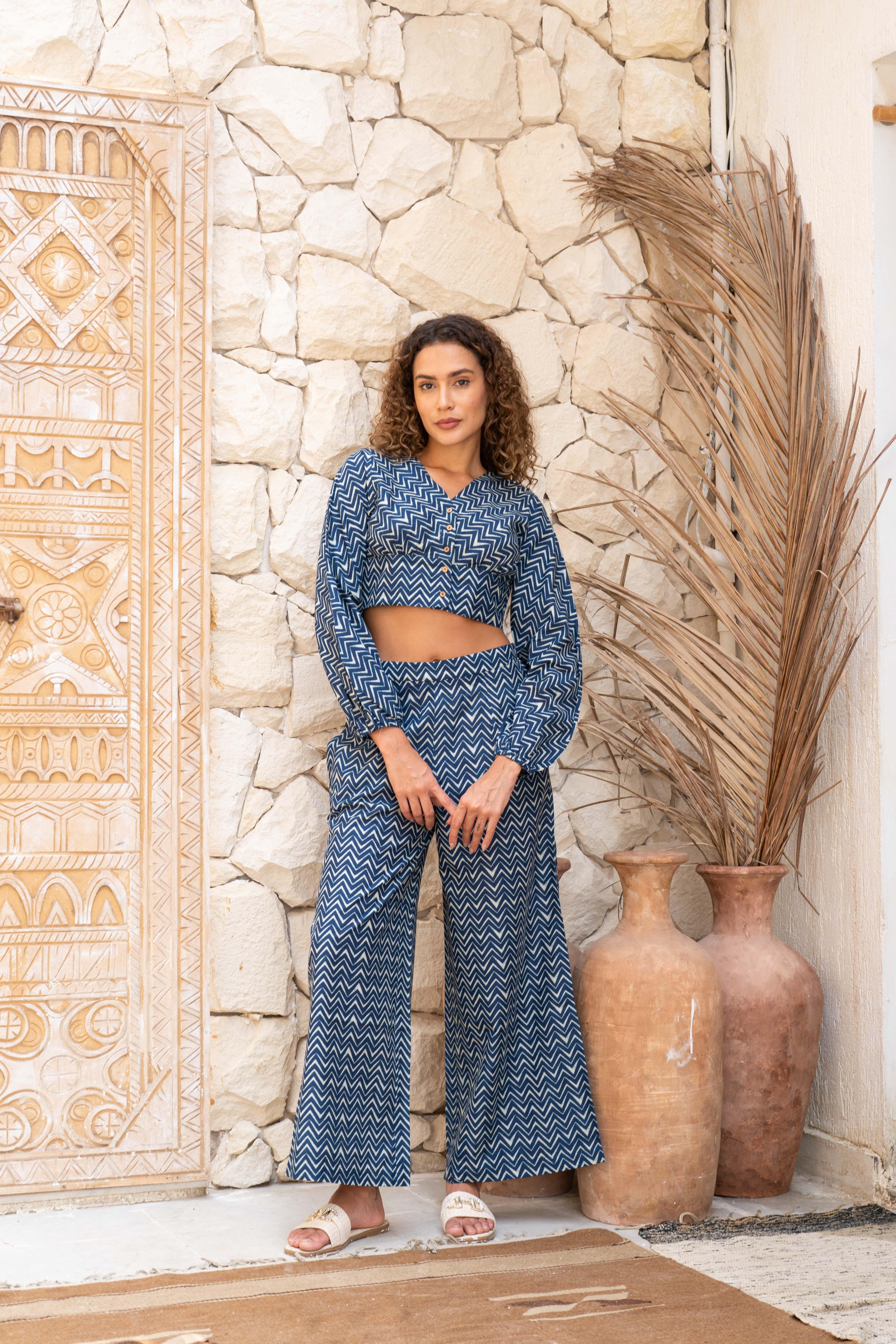 Blue Cotton Crop Top Co-Ords Set