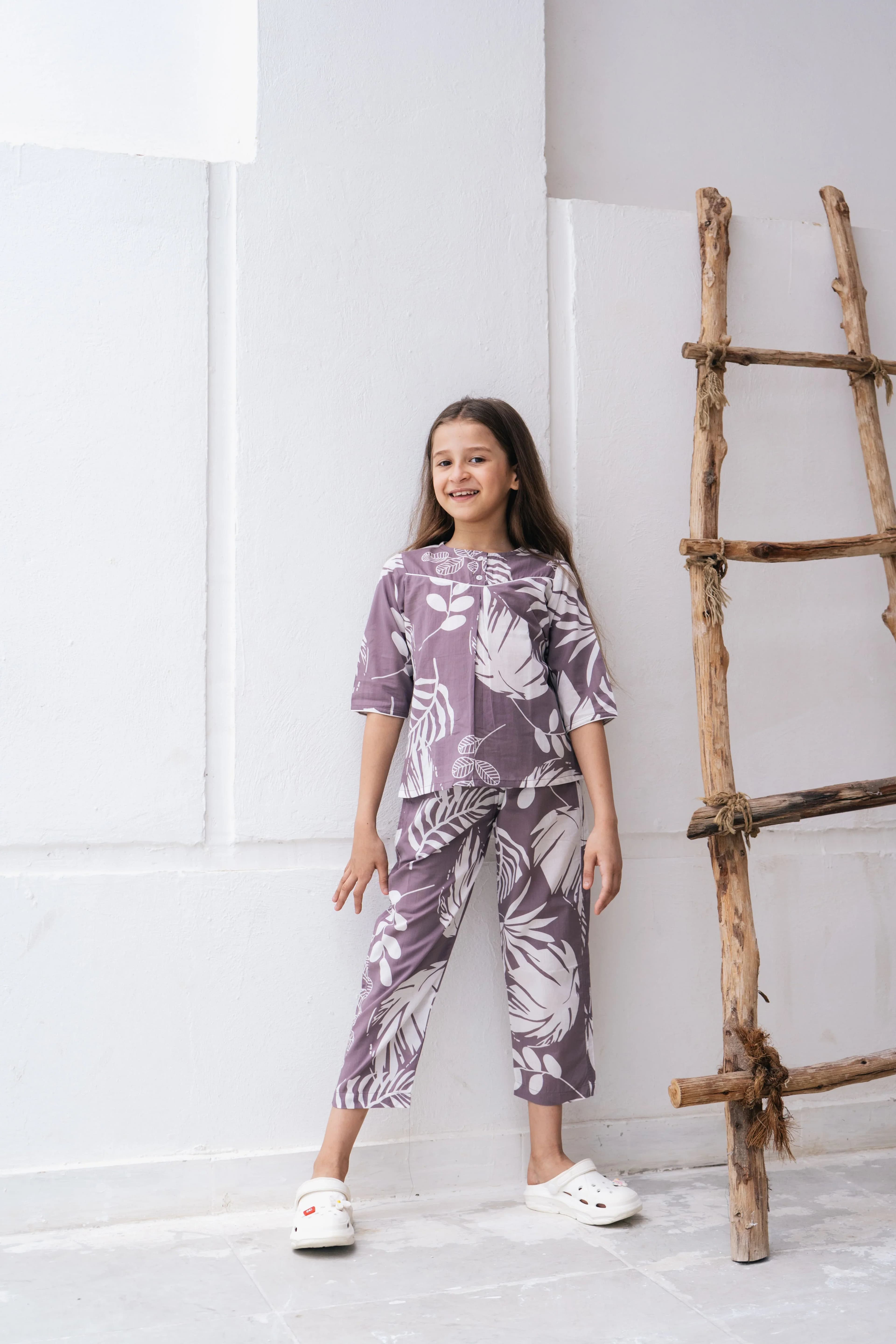 Leaf Printed Cotton Night Suit For Kids