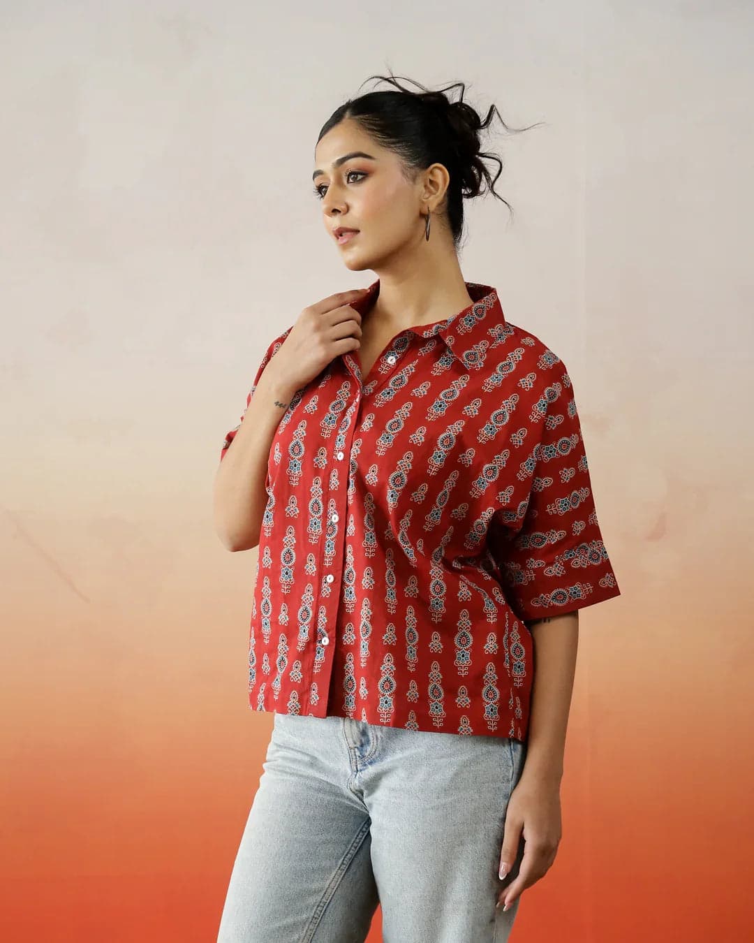 Red Printed Shirt Collar Top