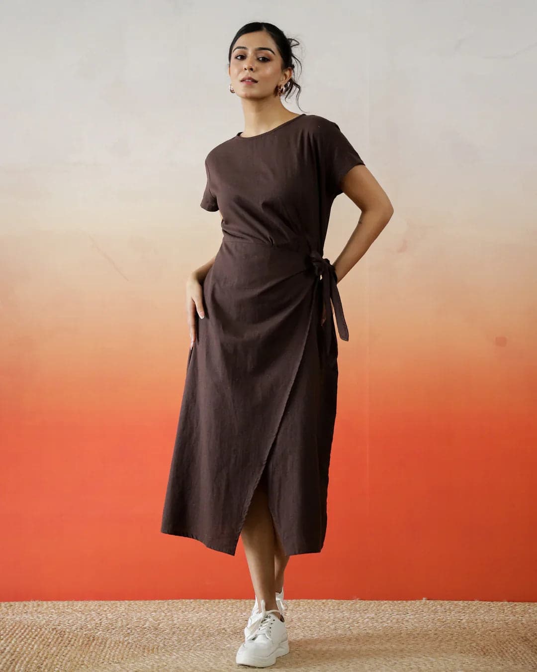 Brown Solid Print Cotton Dress For Women