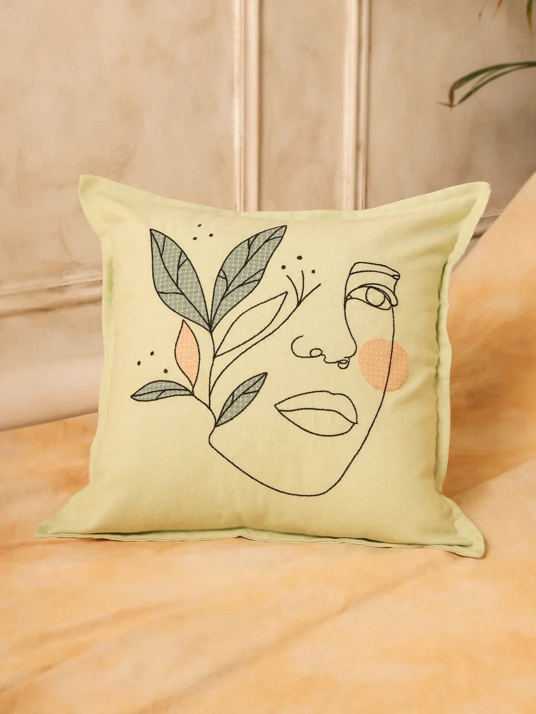 Beige Squared Minimalist Face Floral Cotton Cushion Cover