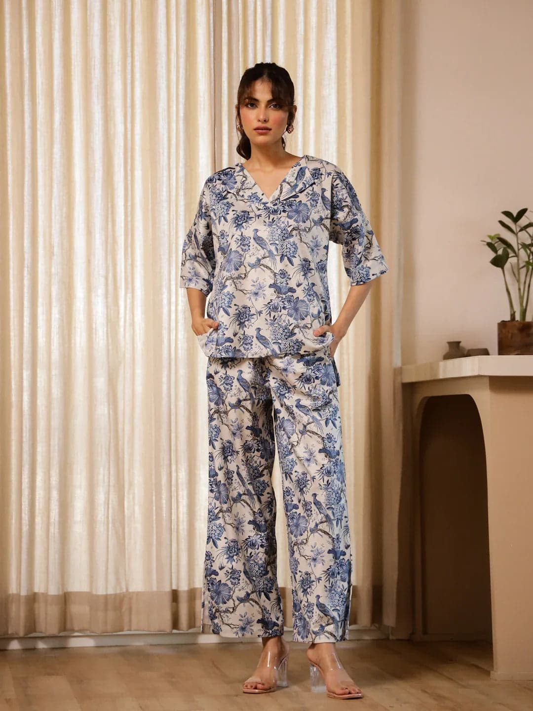 Blue Flower Printed Velvet Co-Ord Set