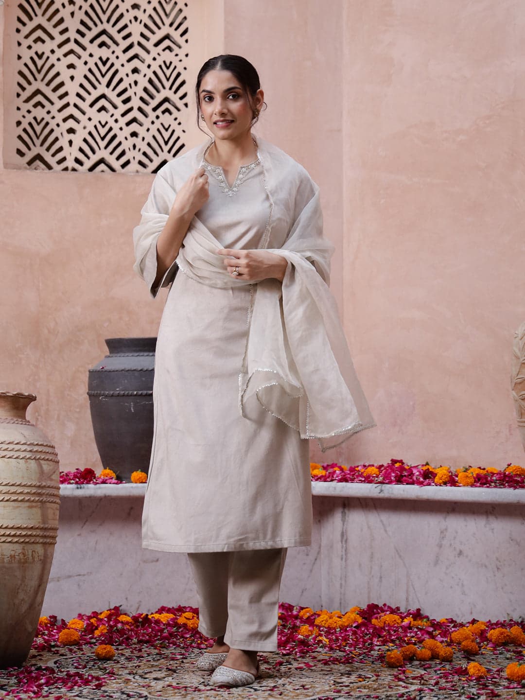 Beige Solid Velvet Kurta Set With Dupatta