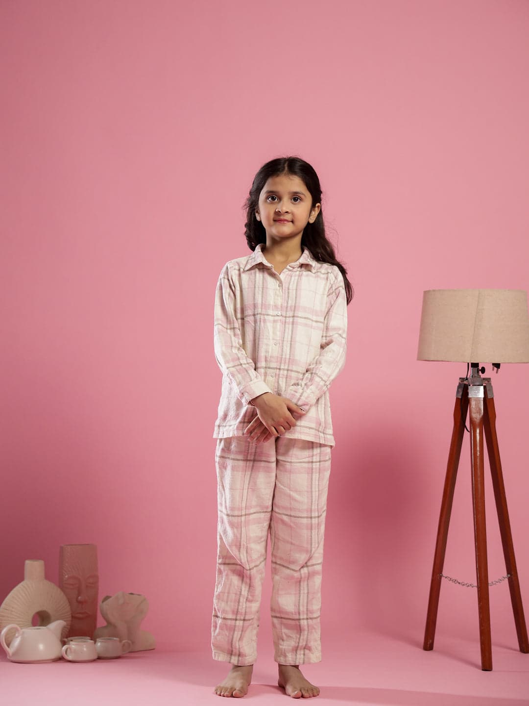 Pink Checked Printed Cotton Winter Night Suit For Kids