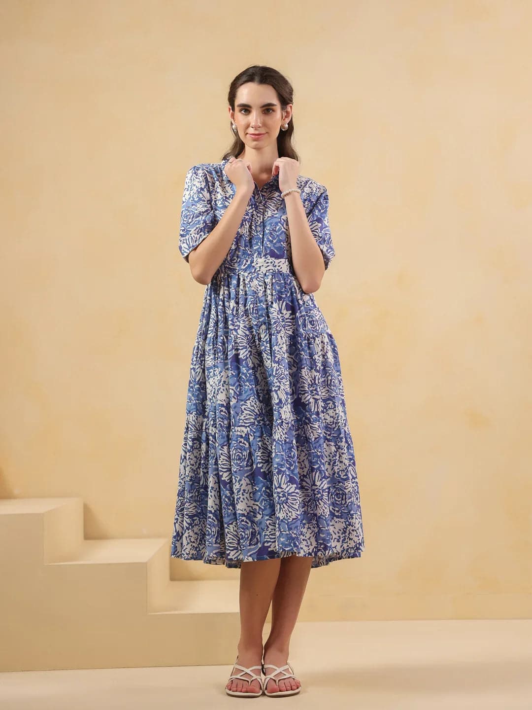 Blue Floral Printed Shirt Coller Dress