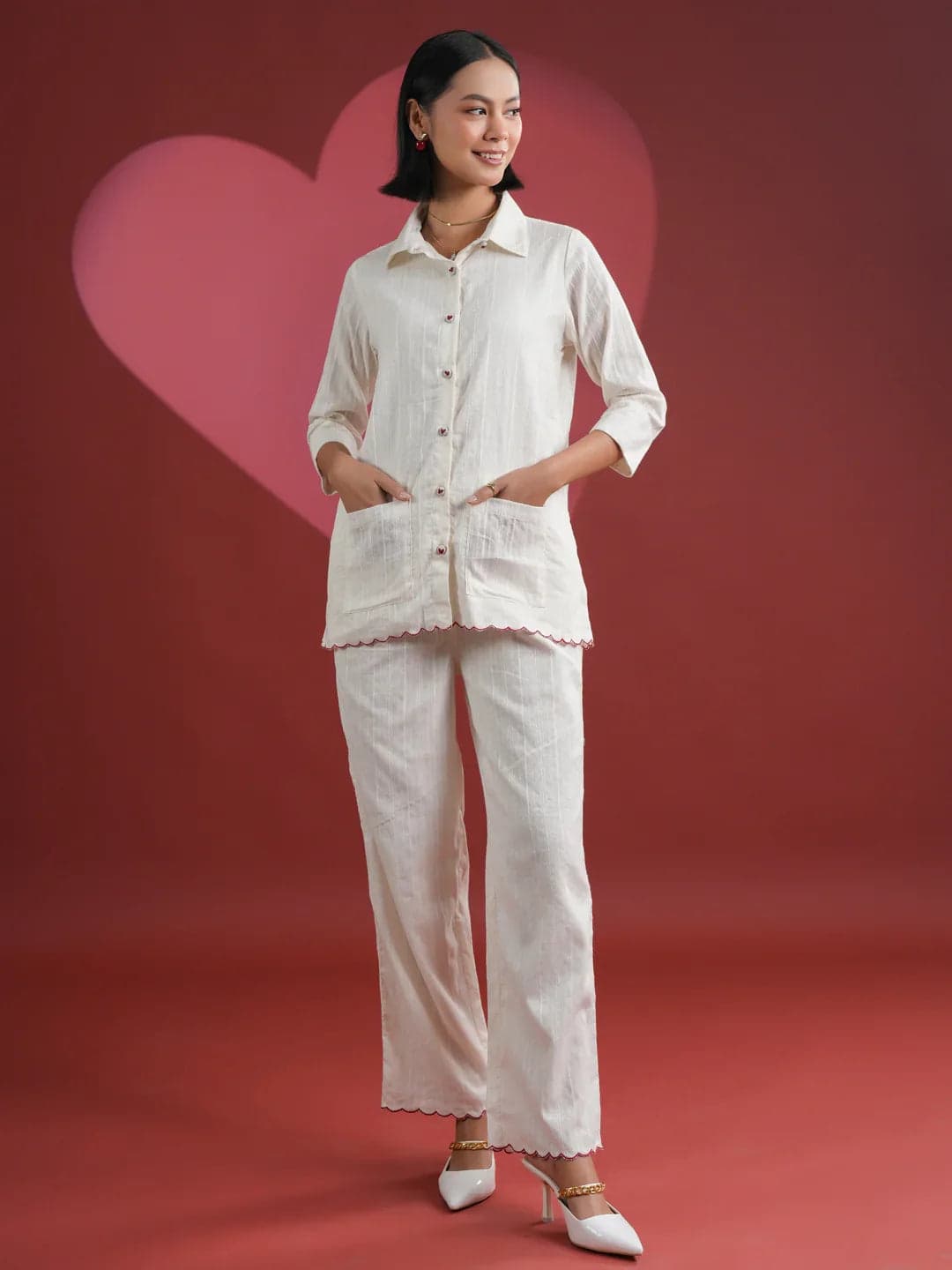 White Solid Print Cotton Night Suit Set