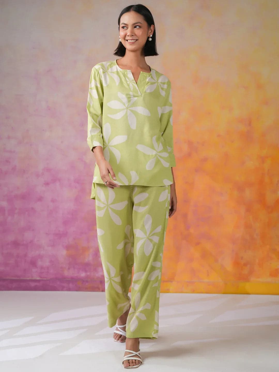 Green Floral Printed Cotton Co-Ords Set For Women