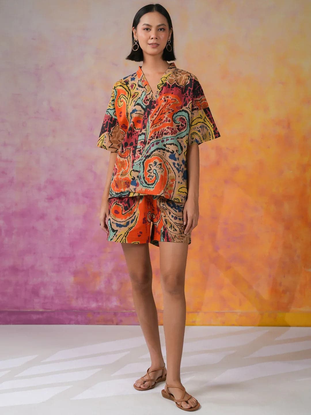 Orange Color Printed Co-Ords Set For Women