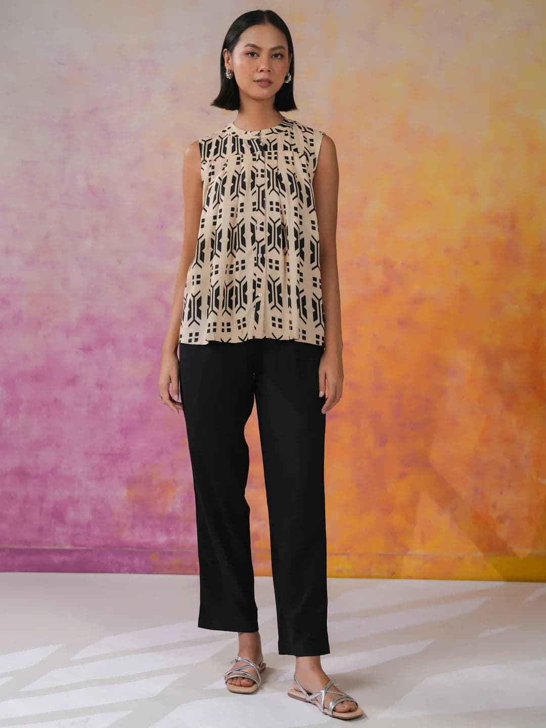 Black Geometric Print Round Neck Co-Ords Set