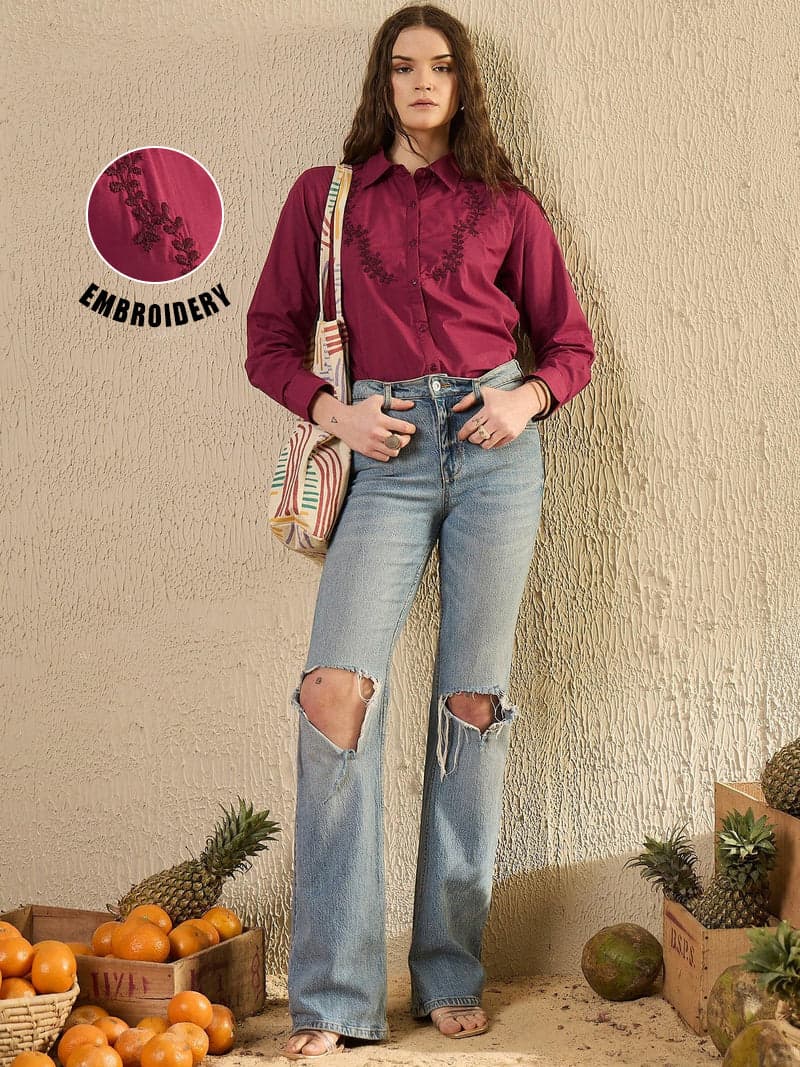 Maroon Color Solid Cotton Women Shirt