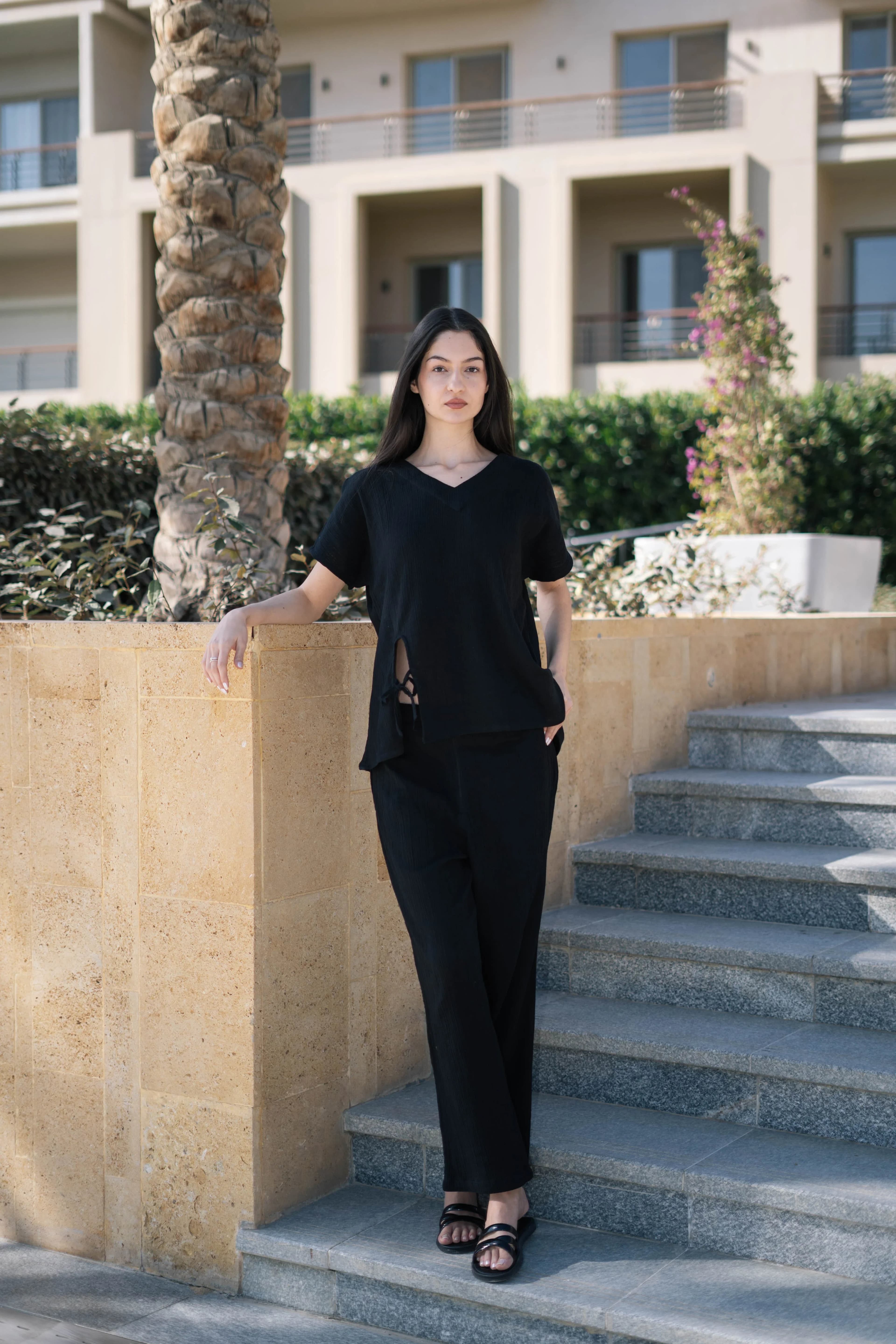 Black Pure Cotton Solid V-Neck Night Suit For Women