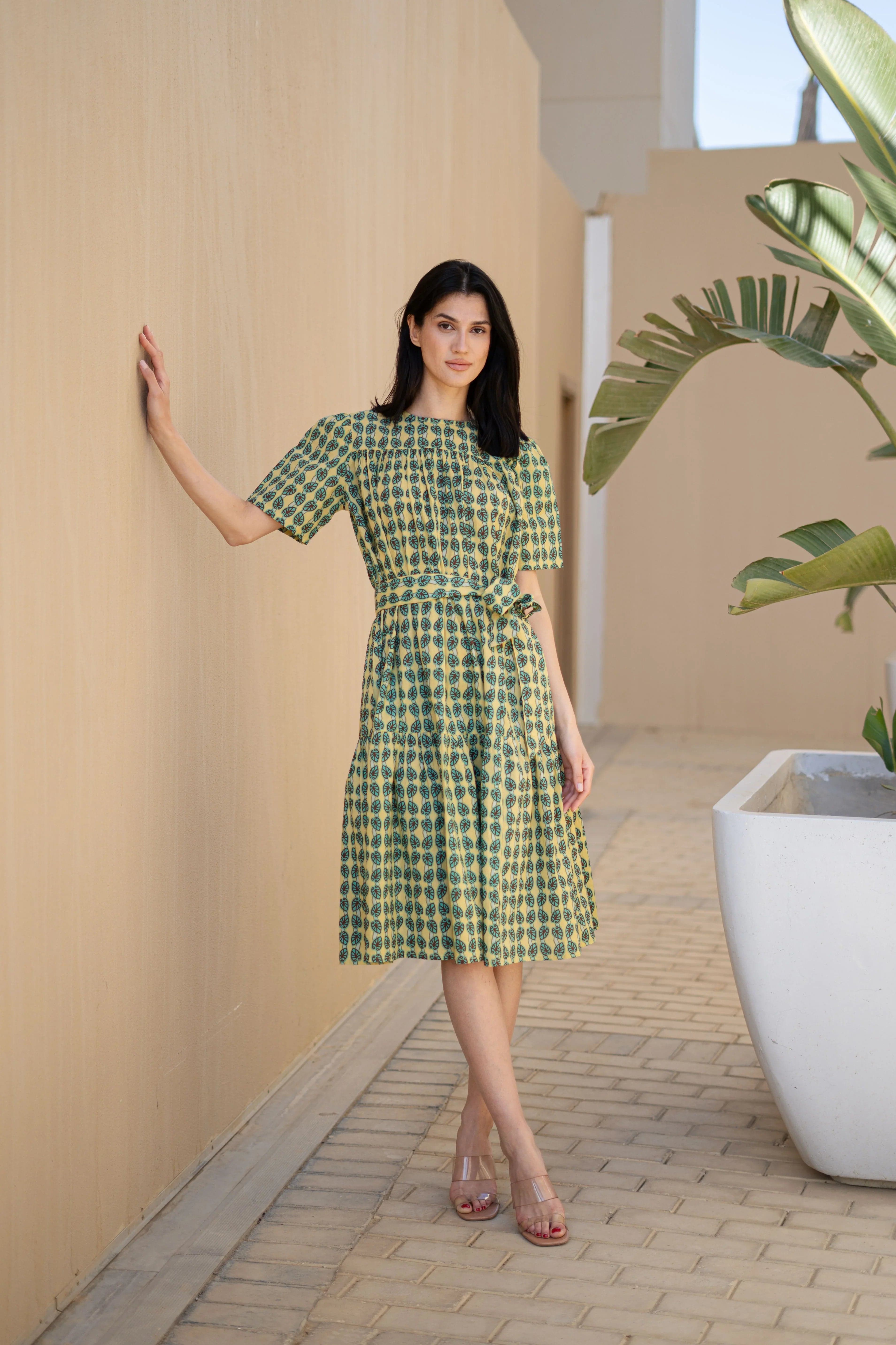 Grey Floral Printed Cotton Dress For Women