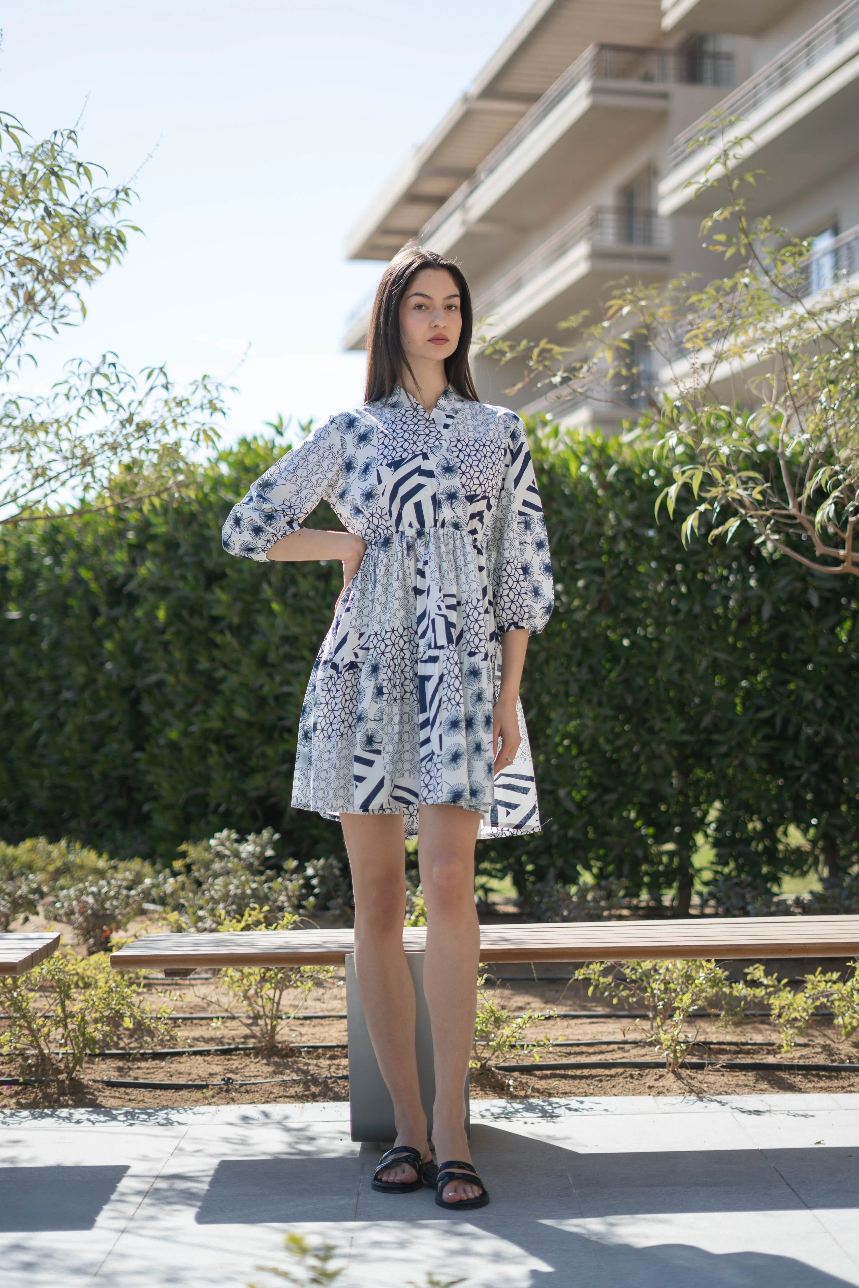 White Color Geometric Print Cotton Dress For Women