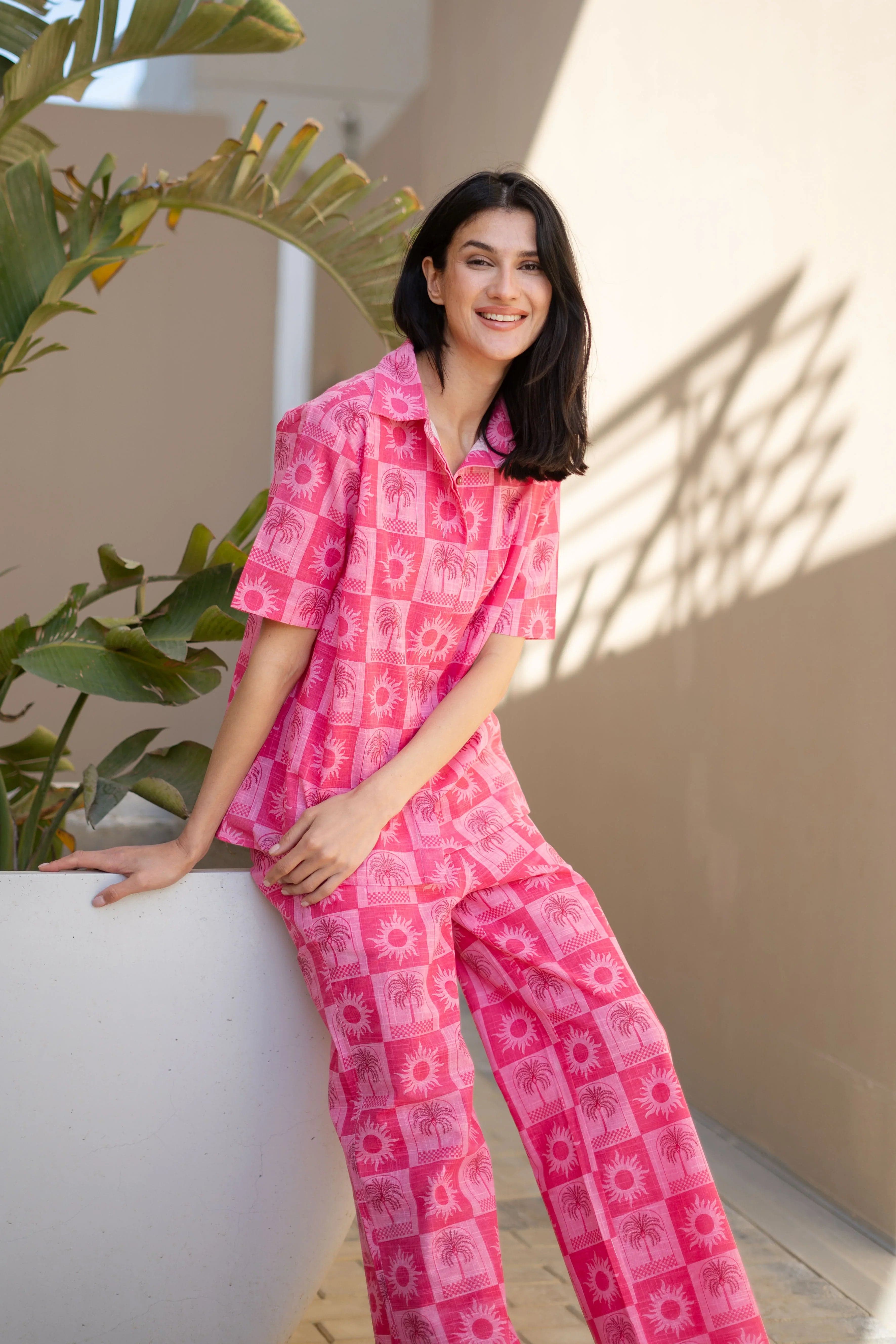 Pink Floral Printed Cotton Co-Ords Set For Women
