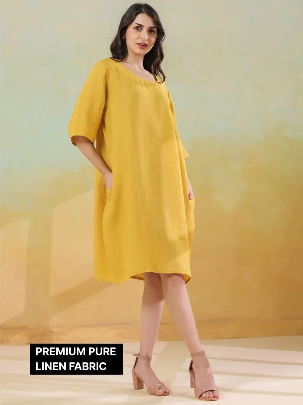 Yellow Pure Linen Kaftan Dress For Women