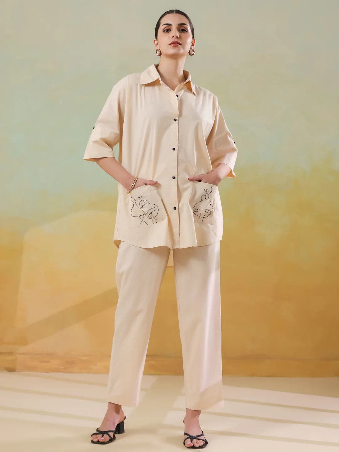 Cream Color Embroidered Co-Ords Set For Women