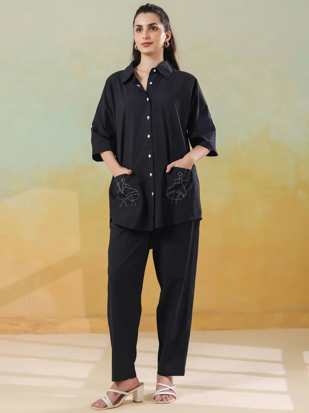 Black Color Shirt Collar Pure Cotton Co-Ords Set For Women