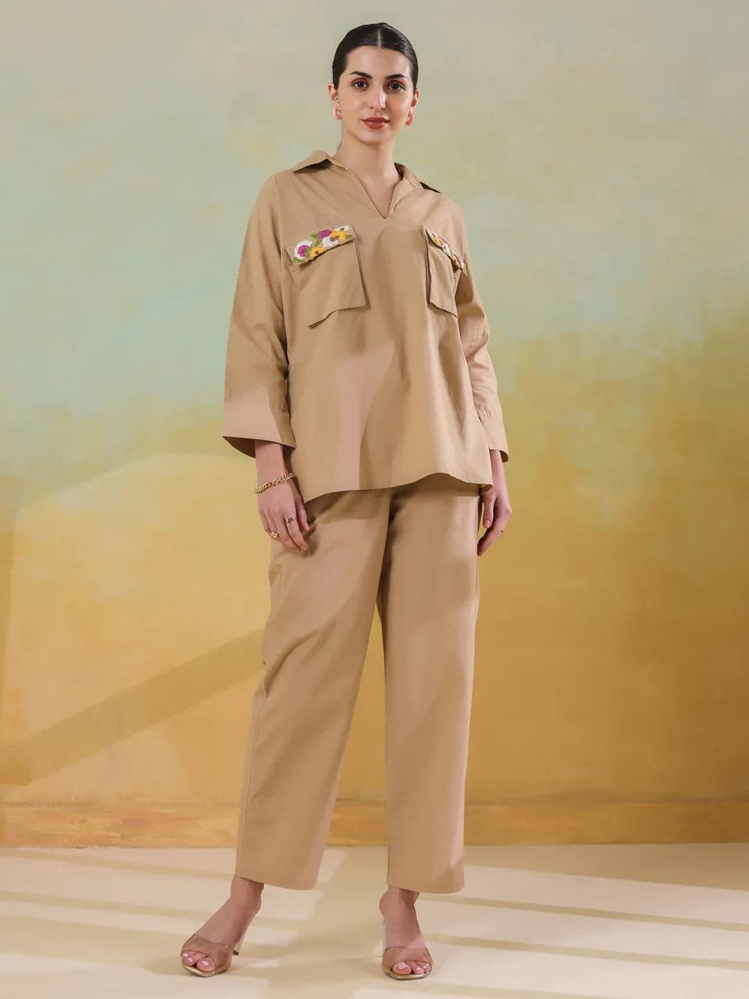 Cream Color Shirt Collar Polyester Co-Ords Set For Women
