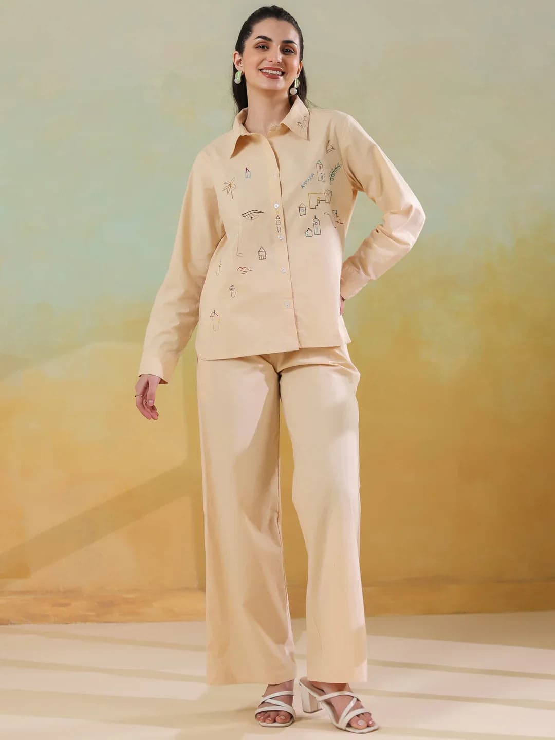 Cream Color Shirt Collar Pure Cotton Co-Ords Set For Women