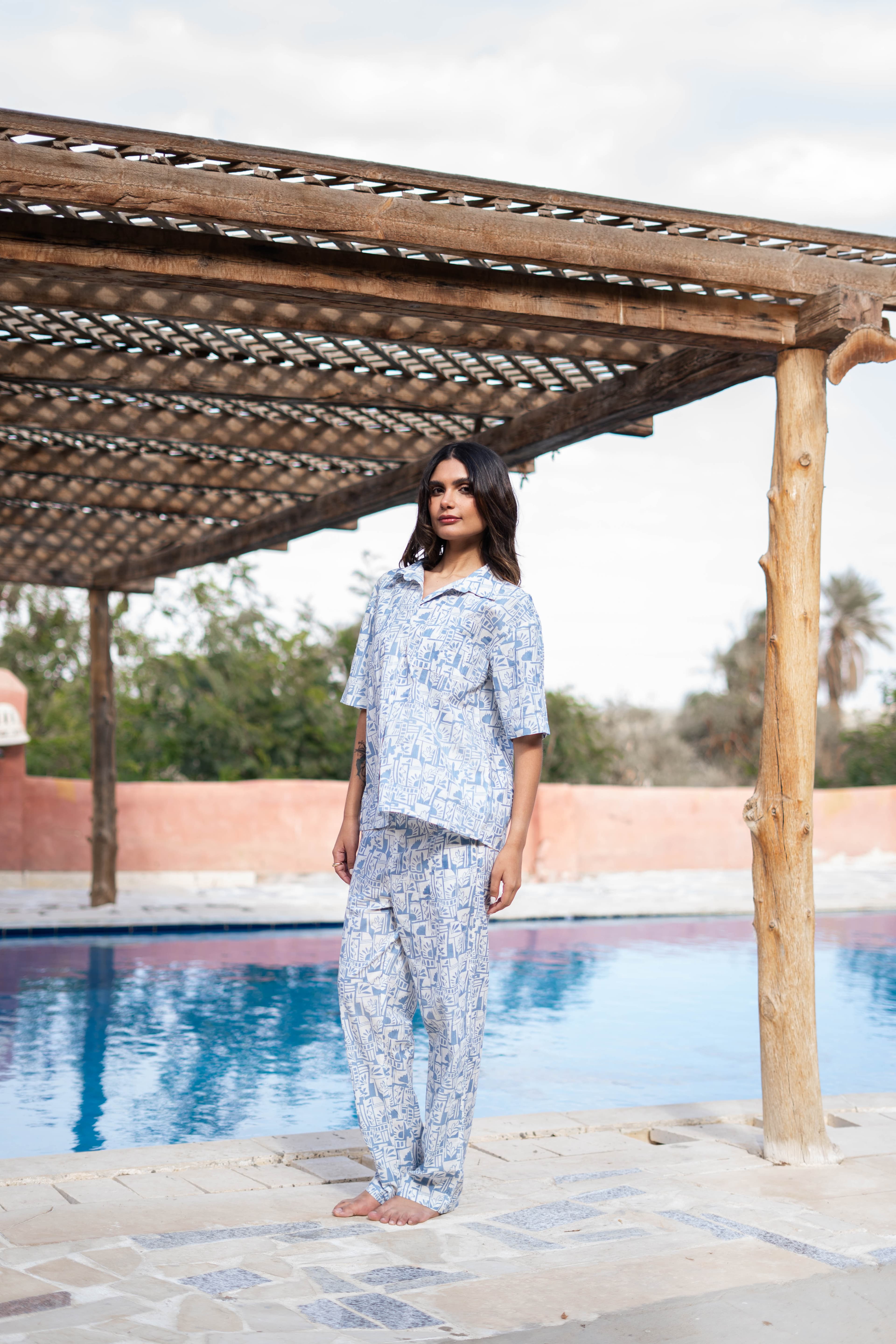Blue Shirt Collar Abstract Printed Pure Cotton Night Suit