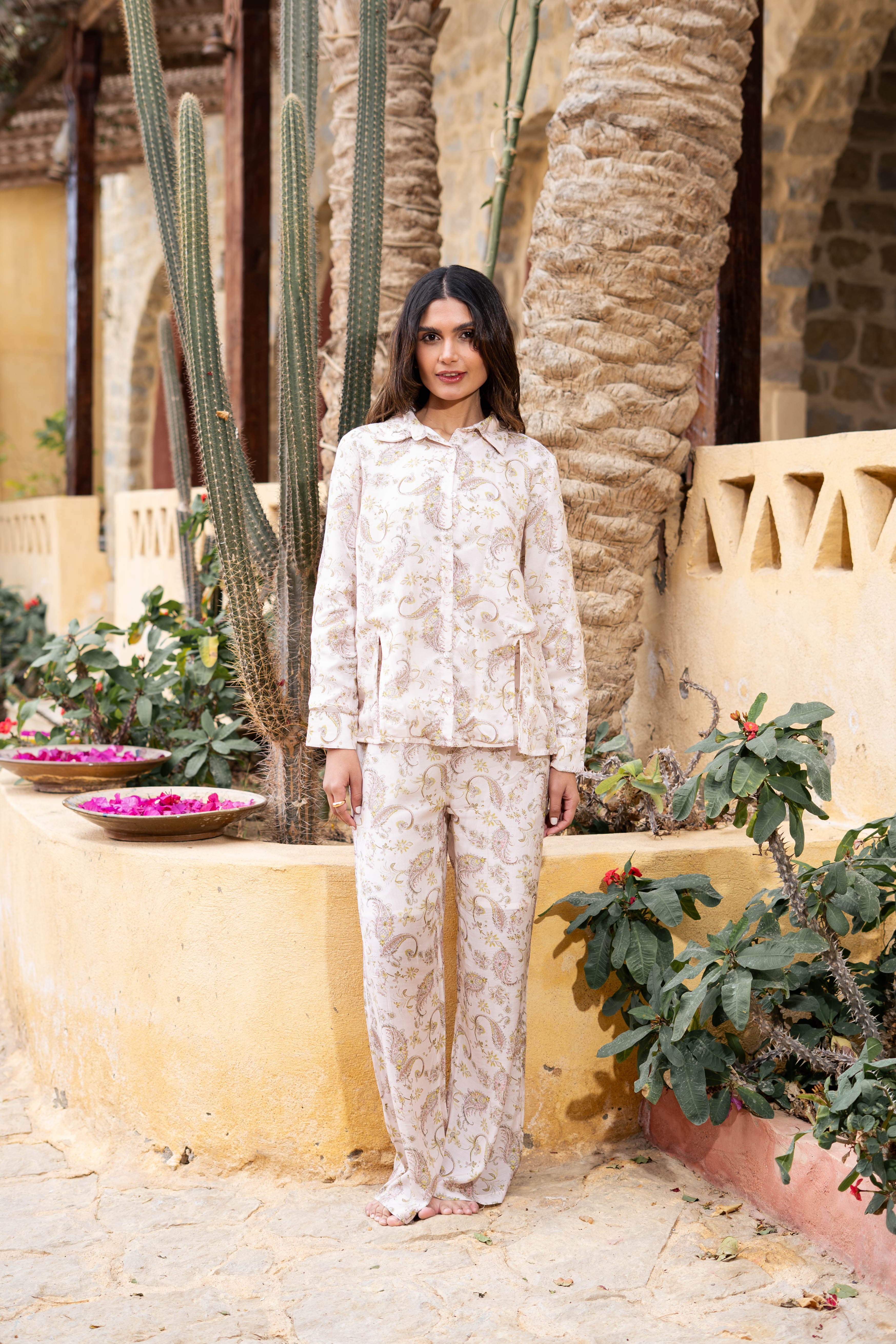 Beige Shirt Collar Pure Cotton Printed Co-Ords Set