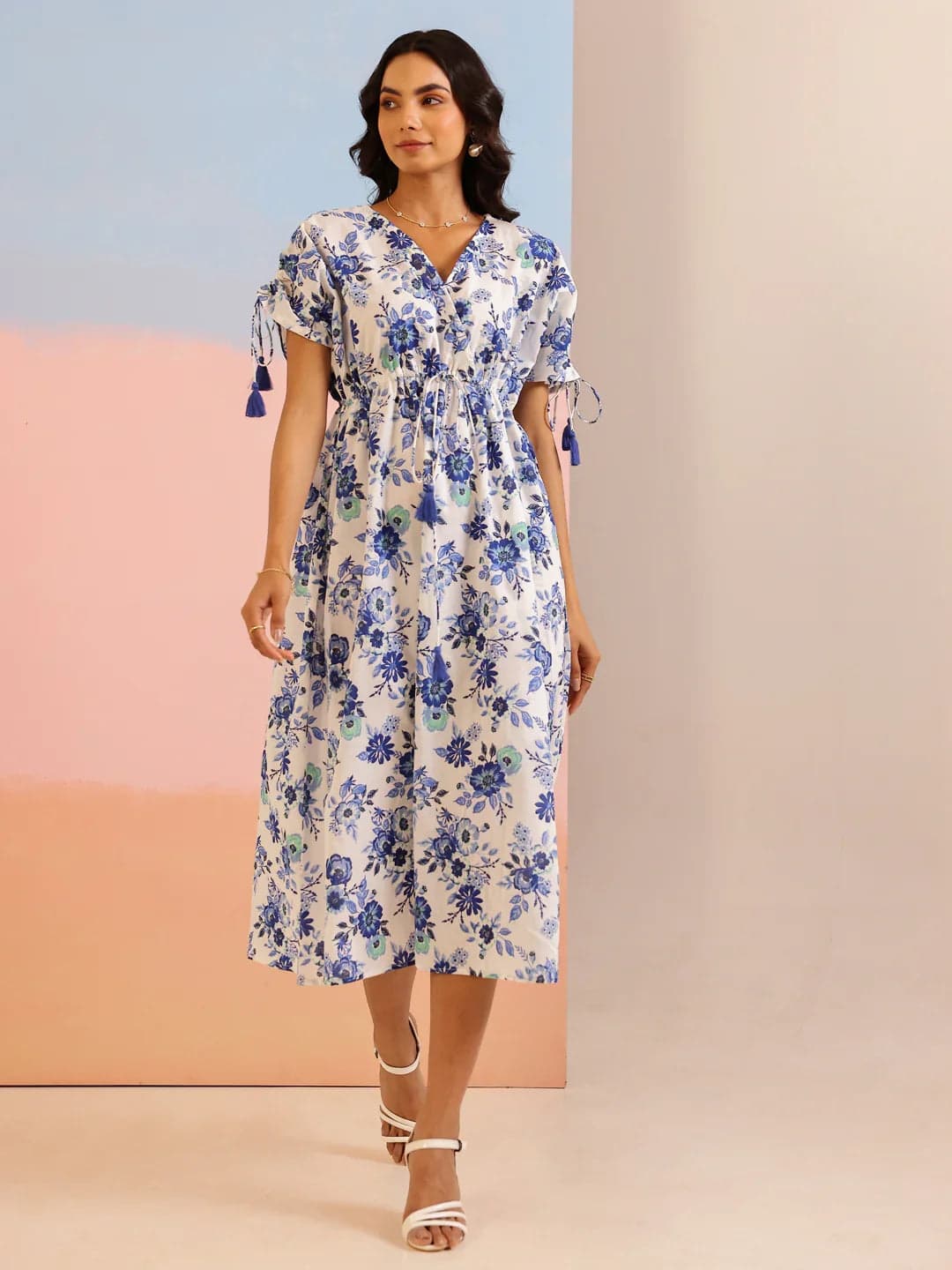 Blue Color Floral Printed Cotton Dress For Women