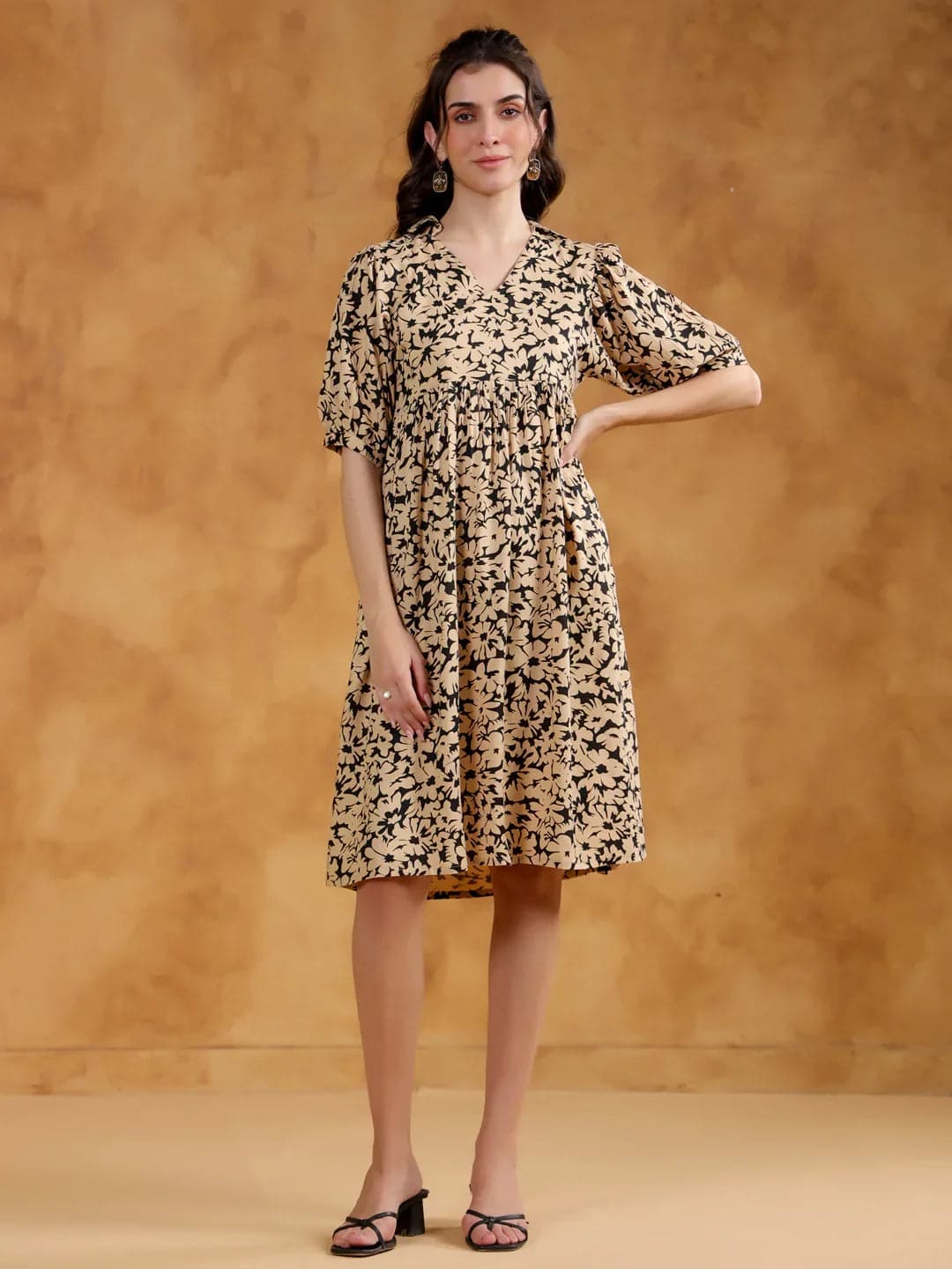 Beige Color Floral Printed Viscose Rayon Dress For Women