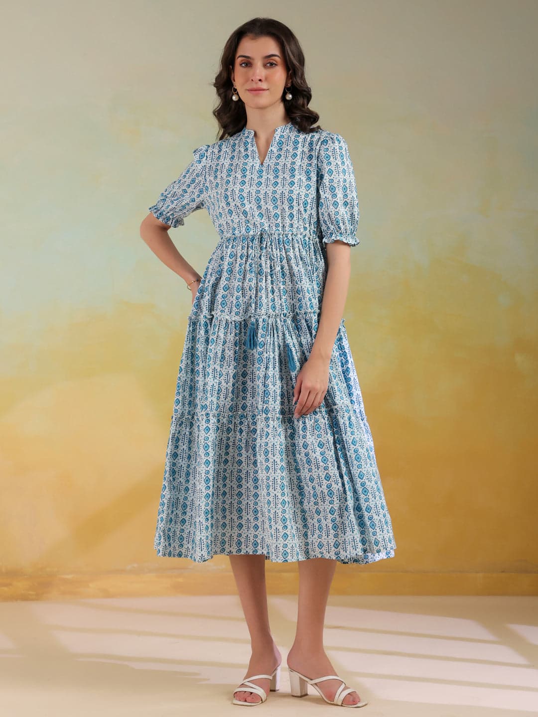 Blue Color Geometric Printed Cotton Dress For Women