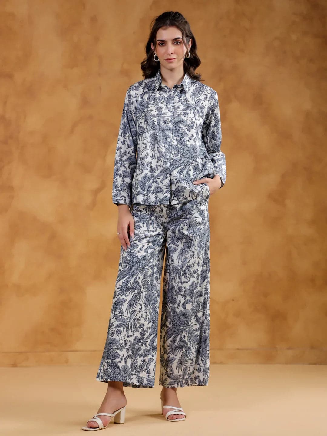 White Shirt Collar Pure Cotton Printed Co-Ords Set For Women