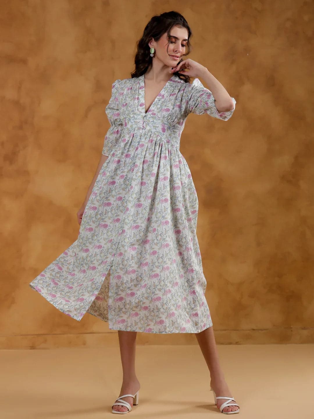 White Cotton V-Neck Printed Dress For Women