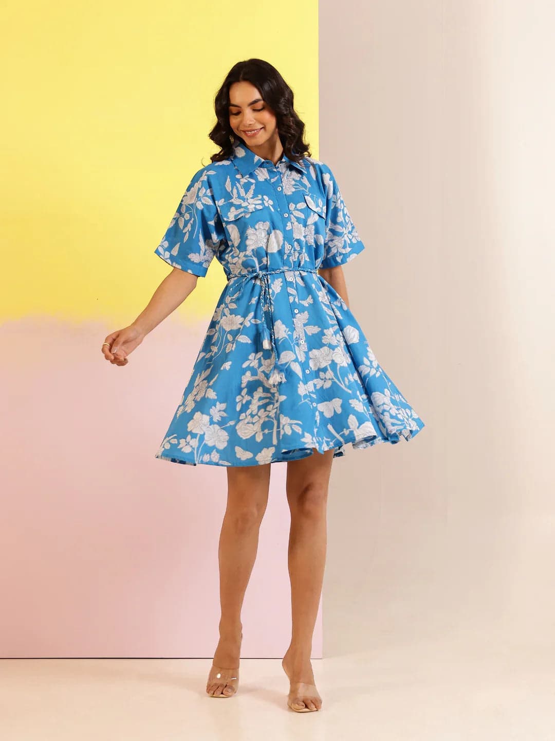 Blue Cotton Shirt Collar Printed Dress For Women