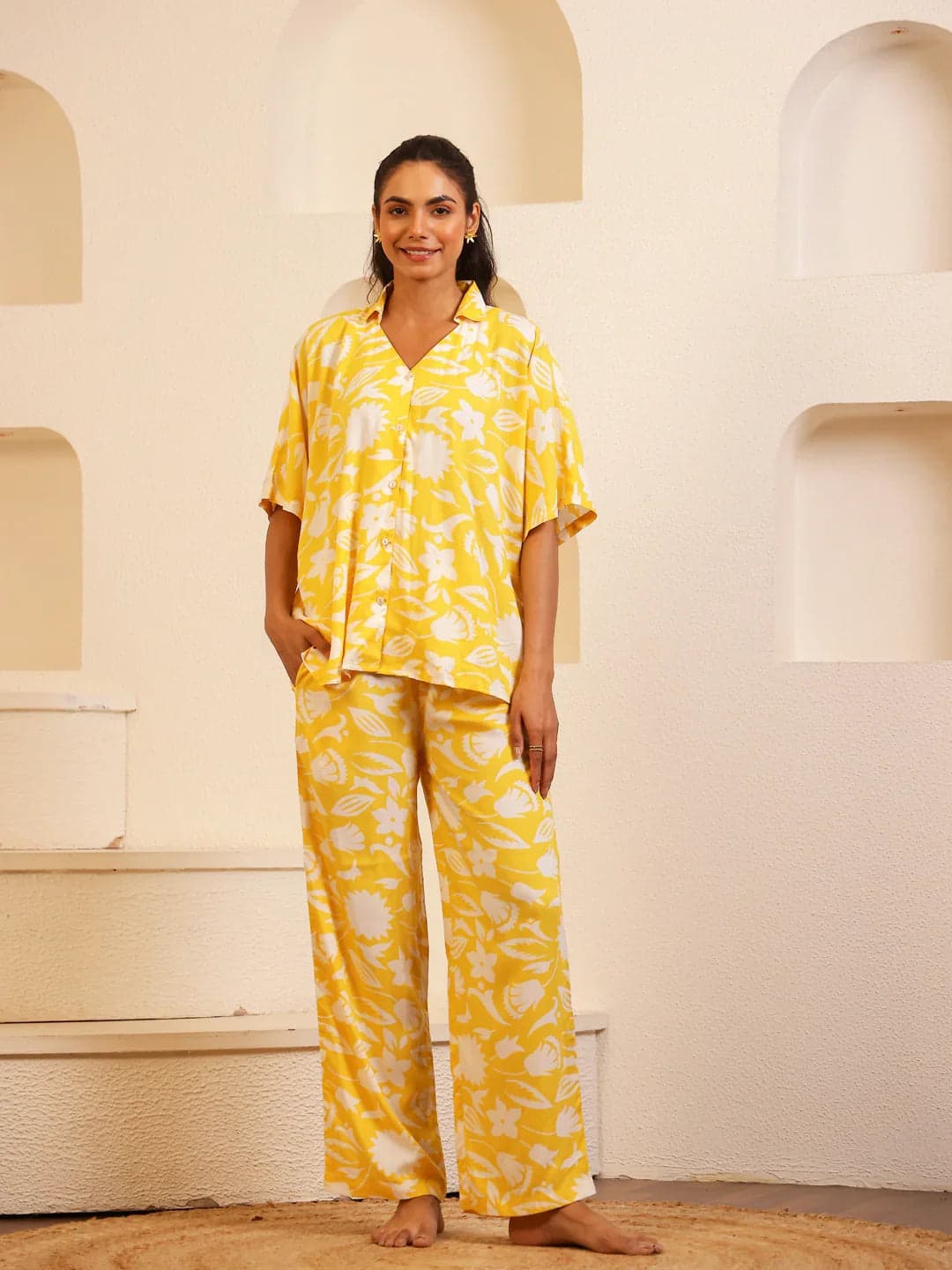 Yellow V-Neck Viscose Rayon Floral Night Suit For Women