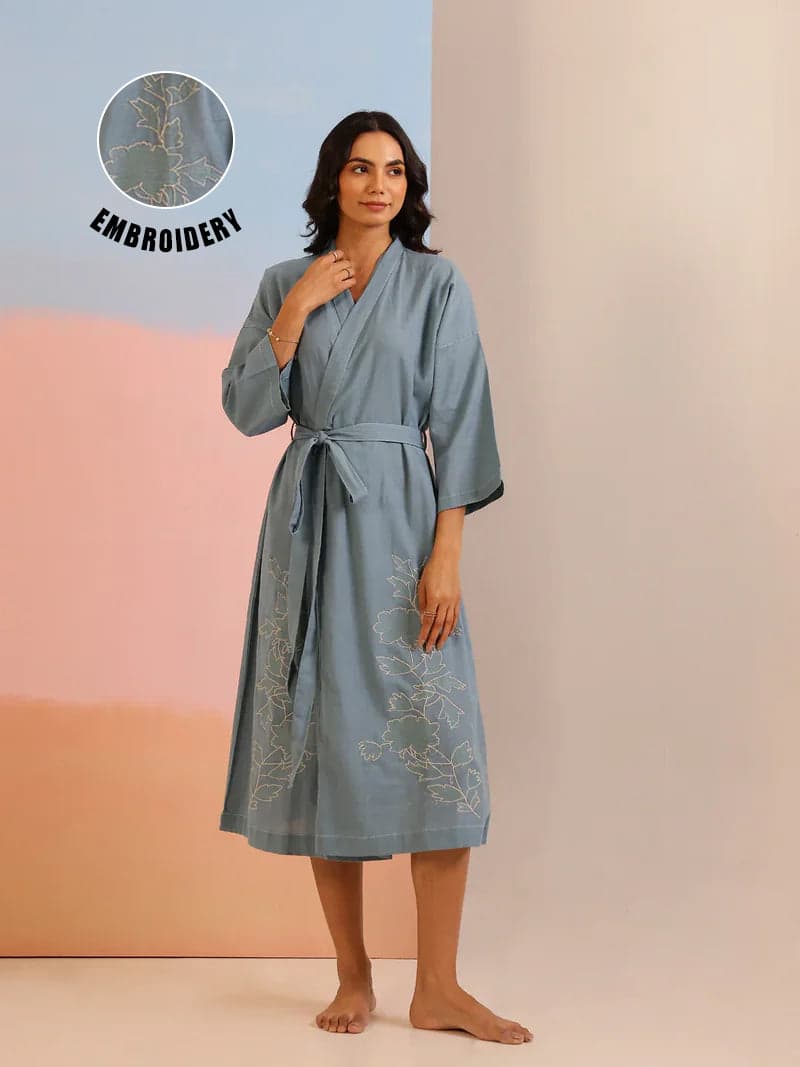 Sea Green Color Cotton Bath Robe For Women