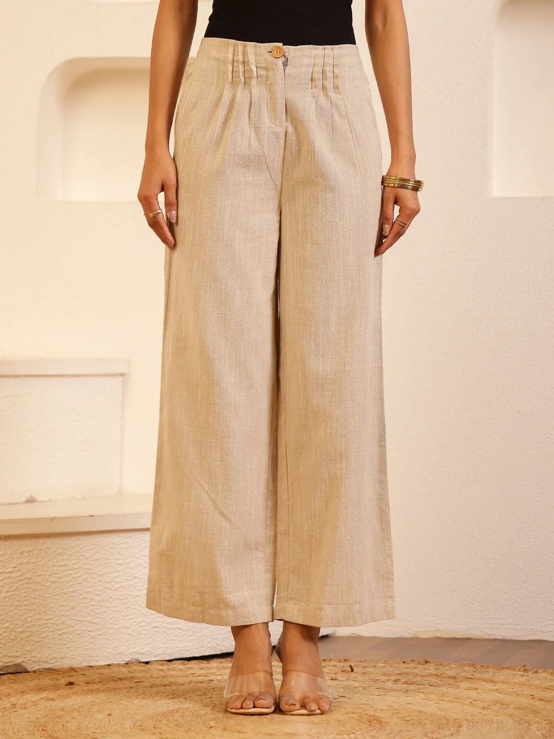 Beige Solid Lounge Pant For Women
