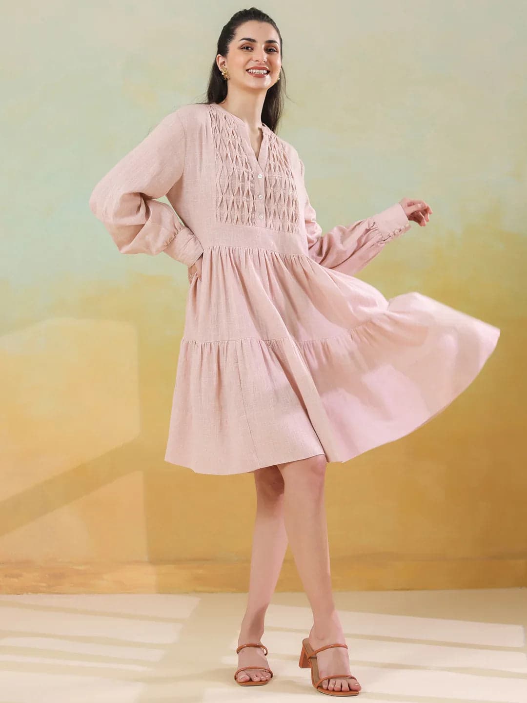 Pink Round Neck Solid Dress For Women