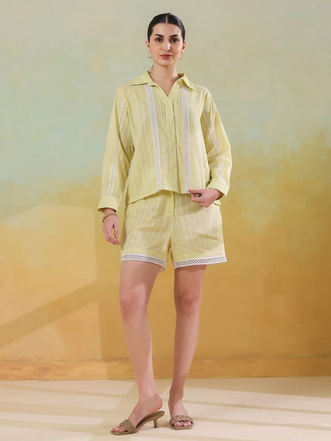 Yellow Shirt Collar Pure Cotton Co-Ords Set For Women