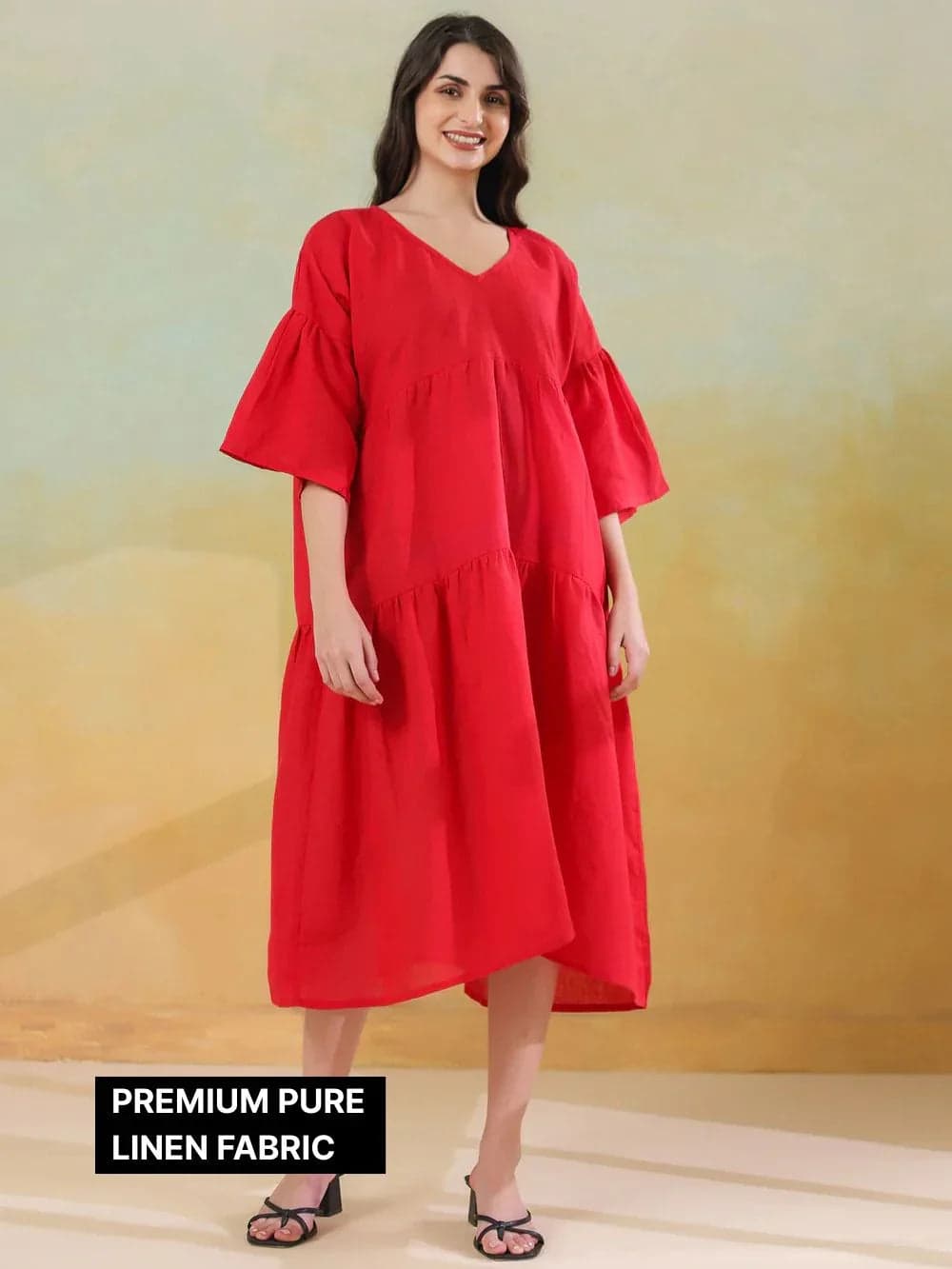 Red Color Linen Blend V-Neck Dress For Women