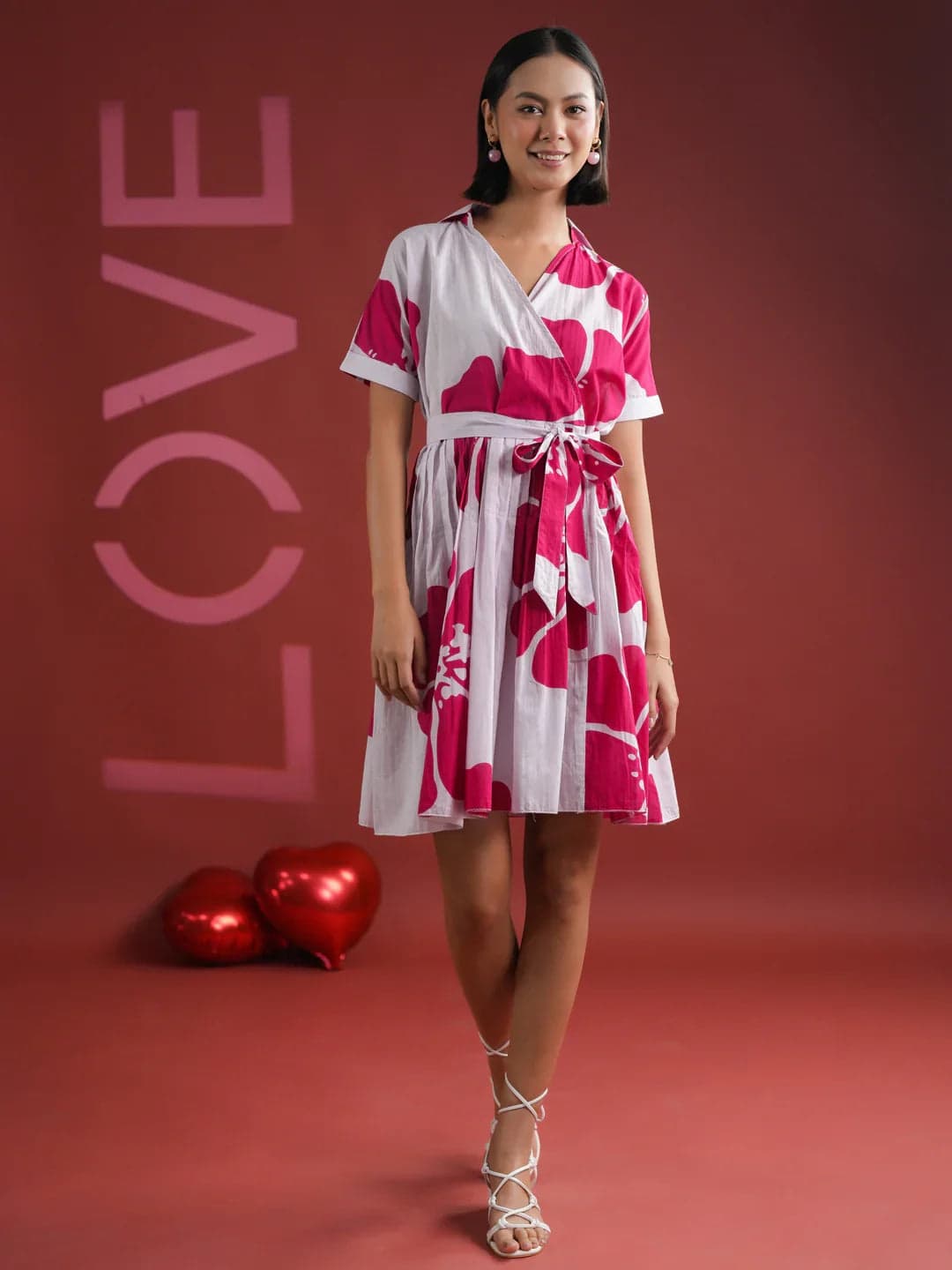 Pink Floral Printed V-Neck Dress
