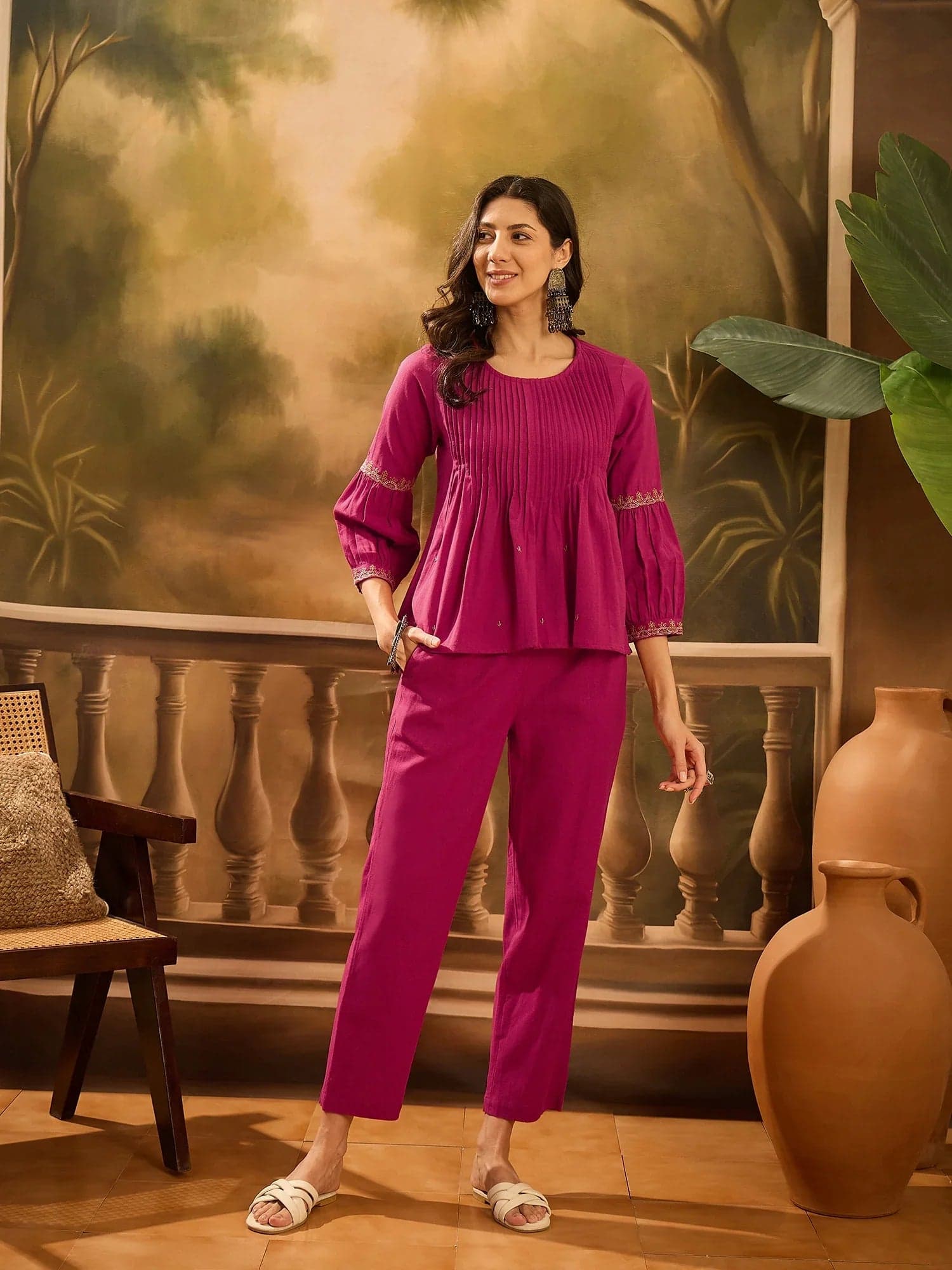 Pink Solid Printed Design Kurta Set For Women