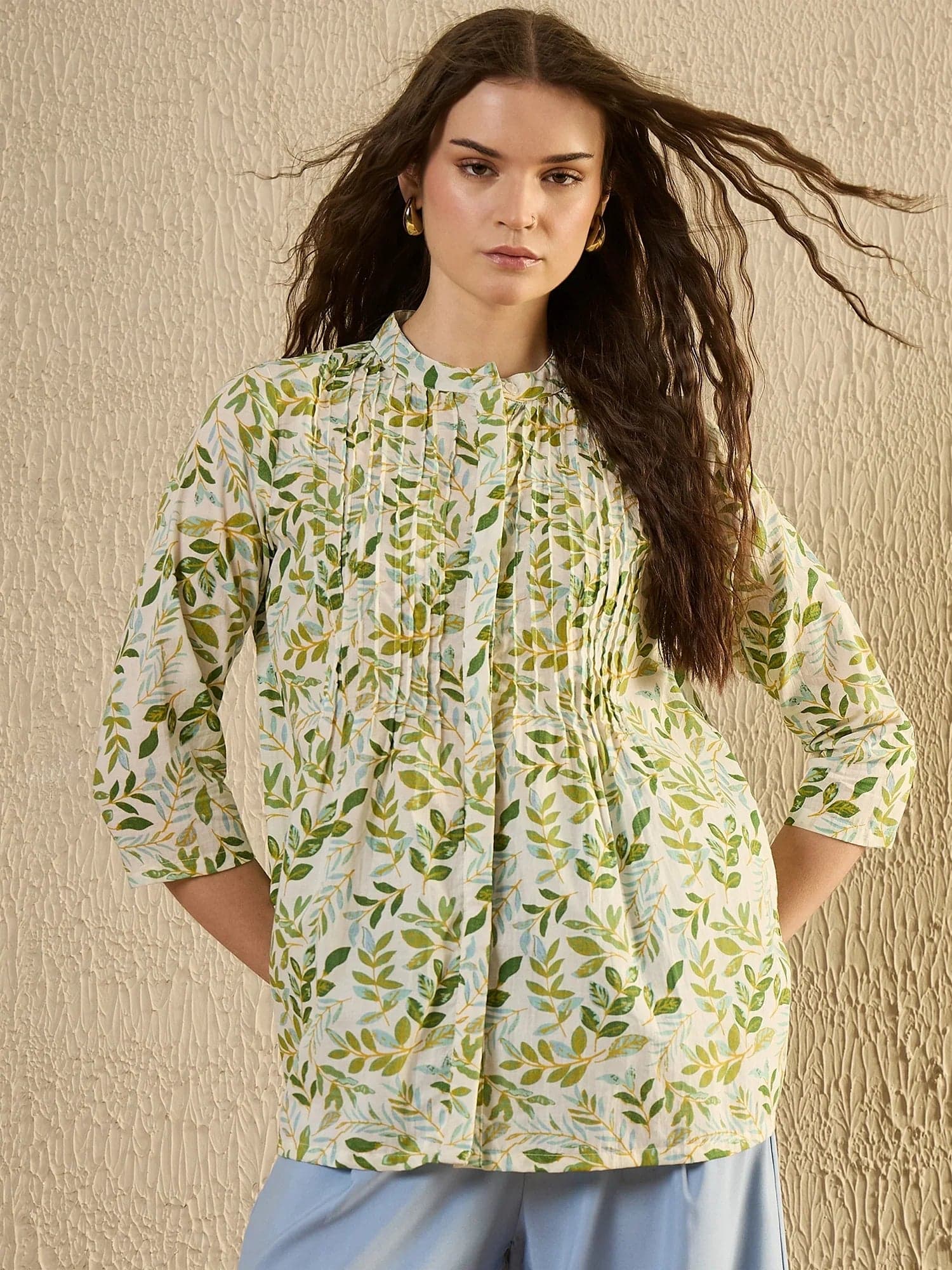 White Color Leaf Printed Cotton Shirt For Women