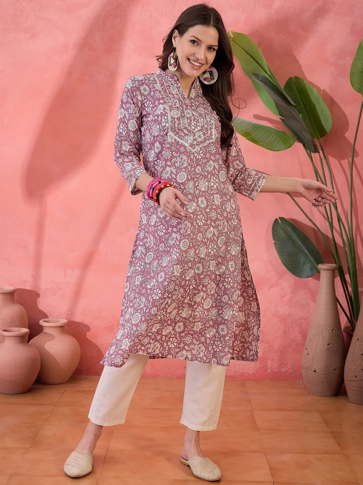 Mauve V-Neck Printed Kurta For Women