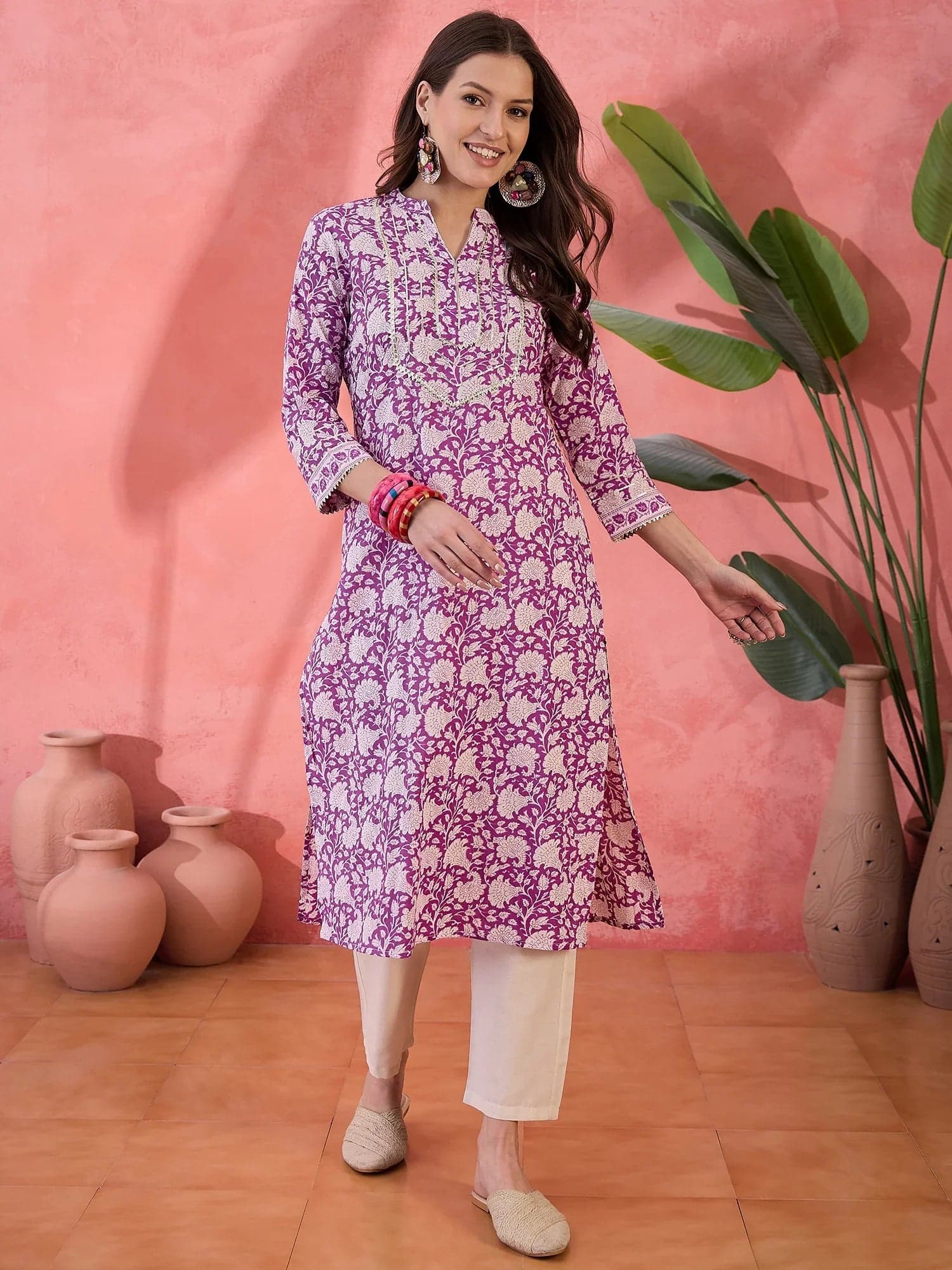 Purple Floral Printed Cotton Kurta For Women