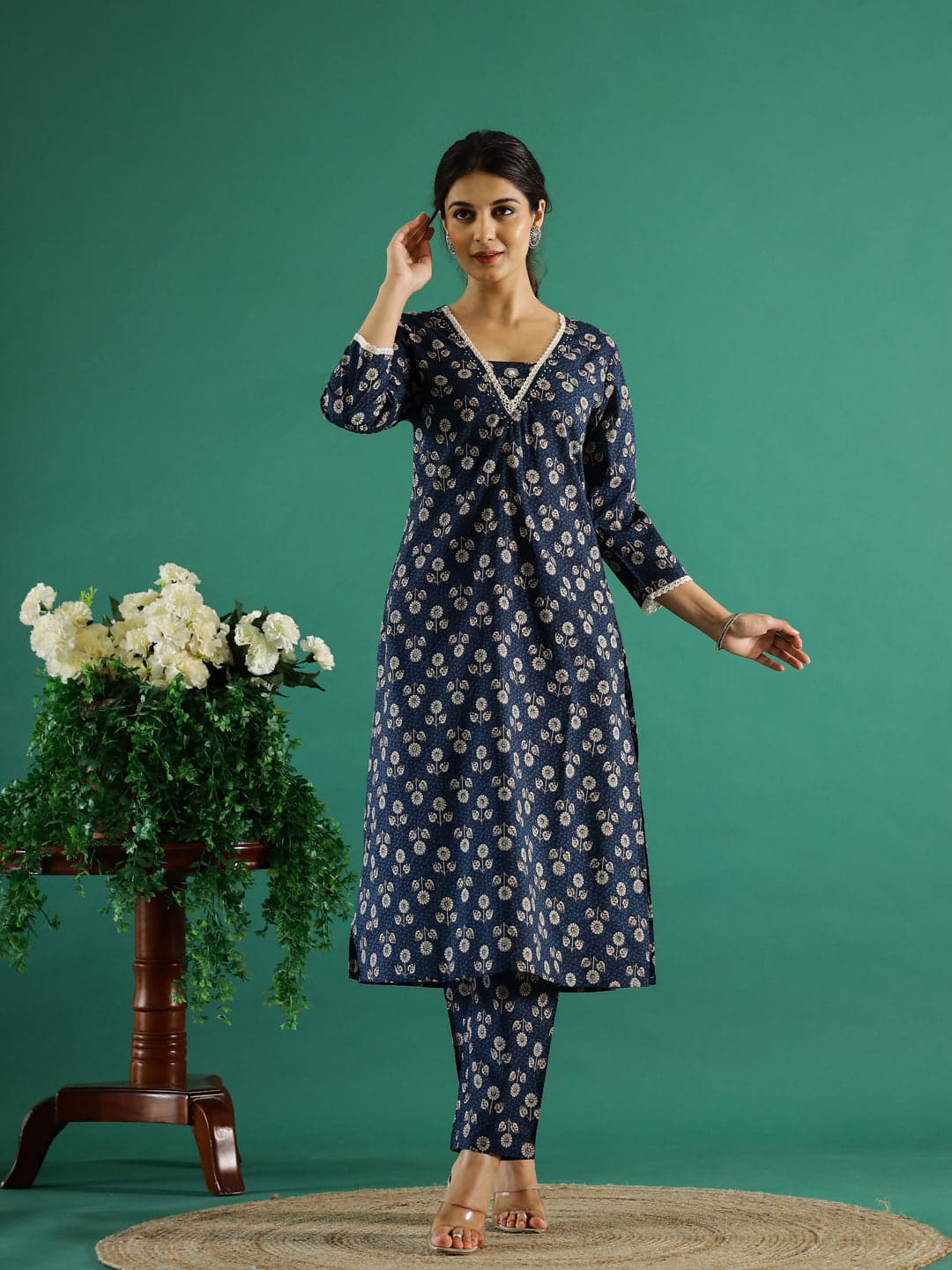 Blue Floral Printed Kurta Set