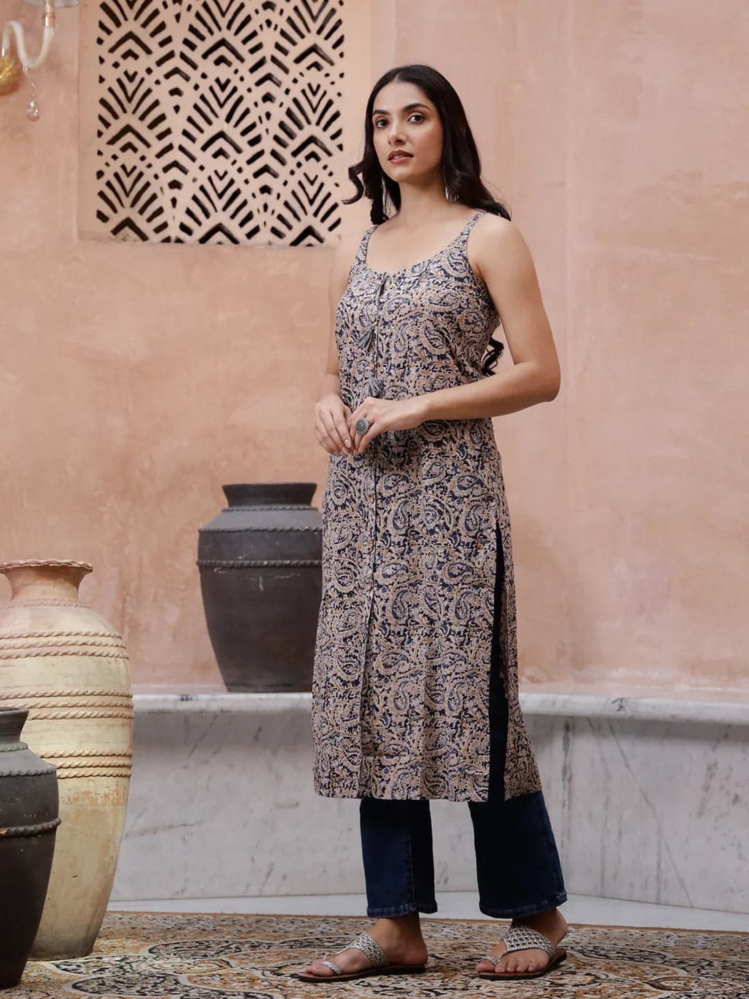 Beige Color Sleeveless Kurta For Women