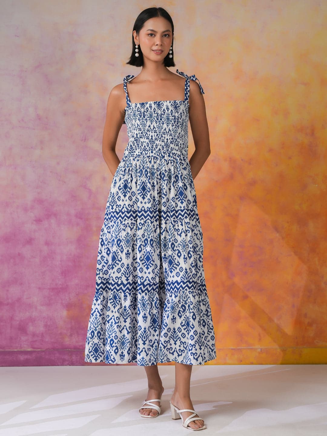 Blue Printed Square Neck Dress For Women