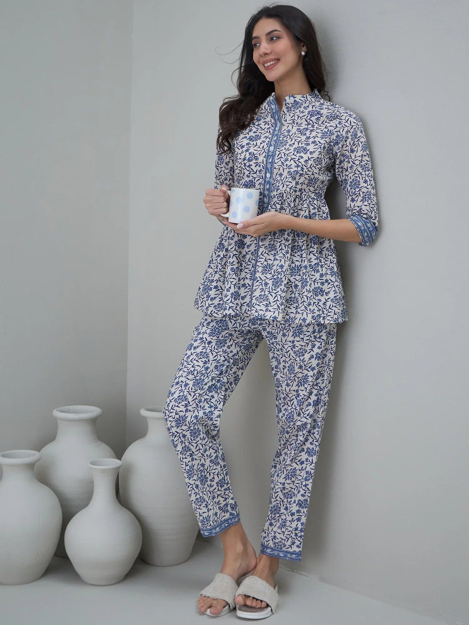 Off White Round Neck Floral Printed Night Suit