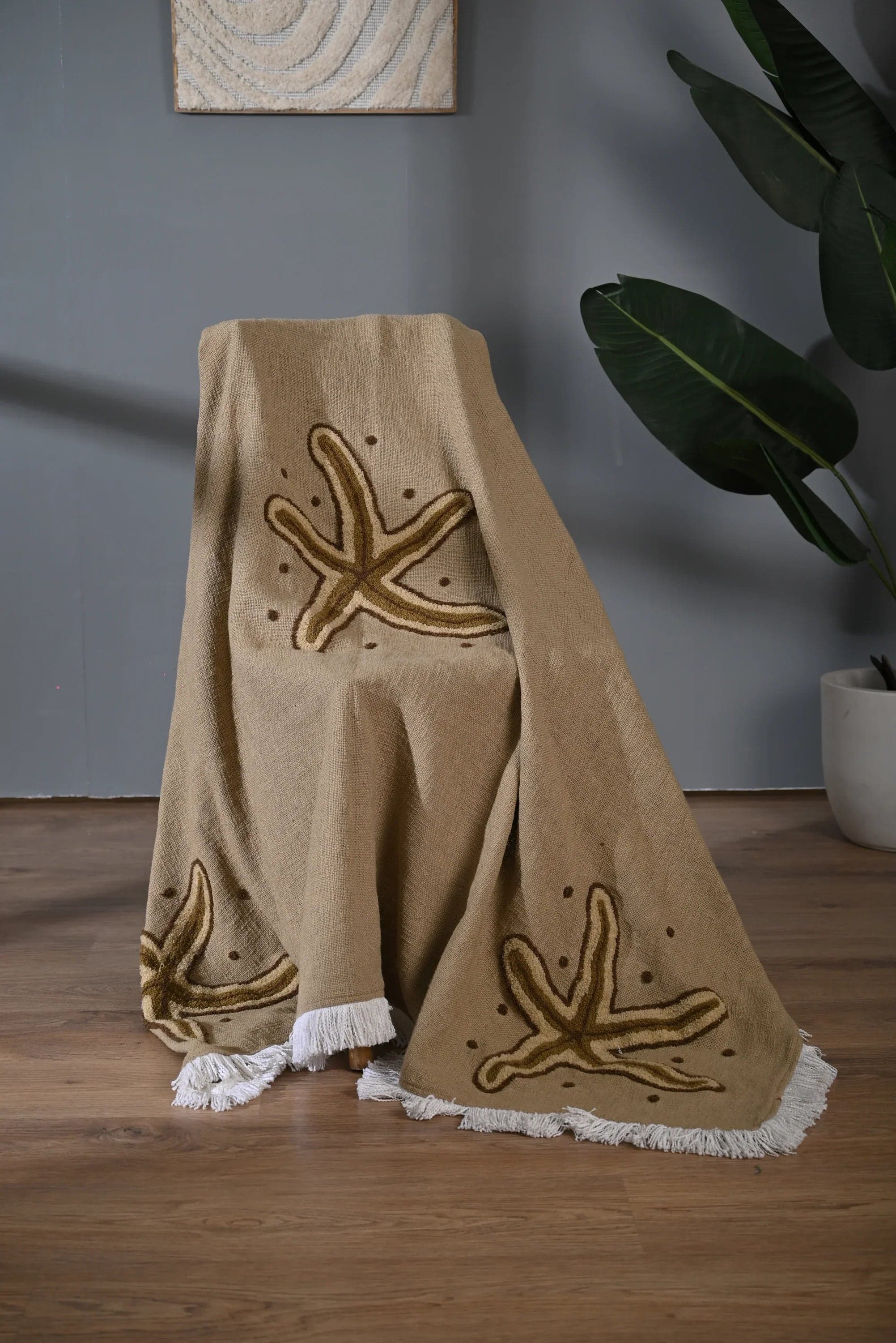 Beige Cotton Throw With Starfish Embroidery And Tassel Edges