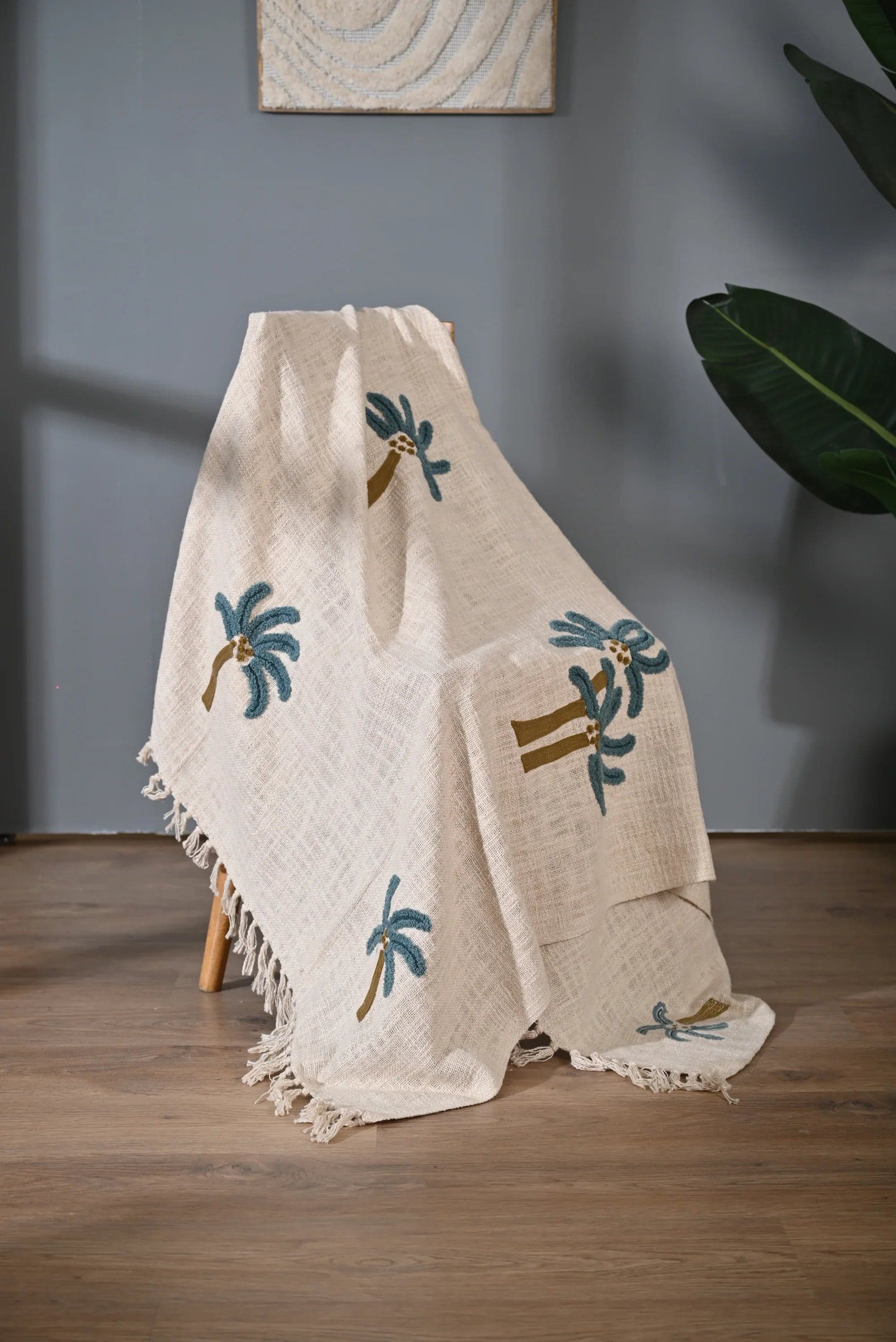 Beige Color Tree Embroidery And Tassel Throw