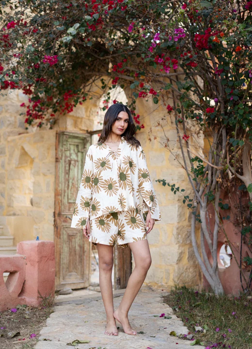 Cream Color Floral Printed Linen Co-Ords Set