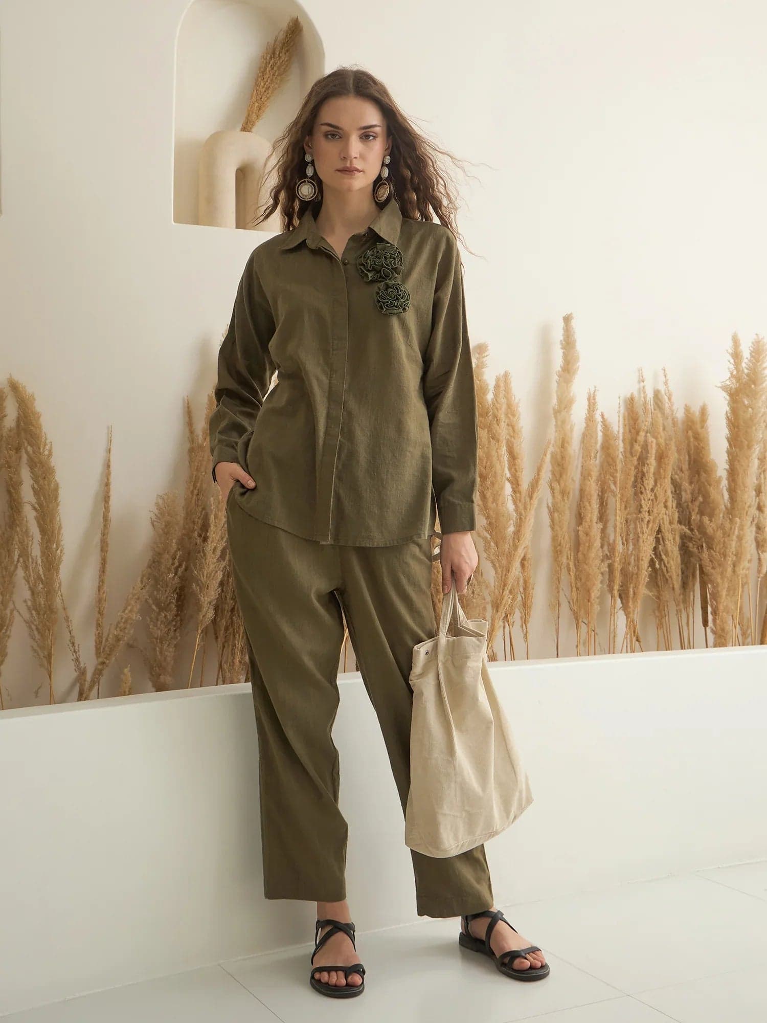 Olive Shirt Collar Pure Cotton Co-Ords Set For Women